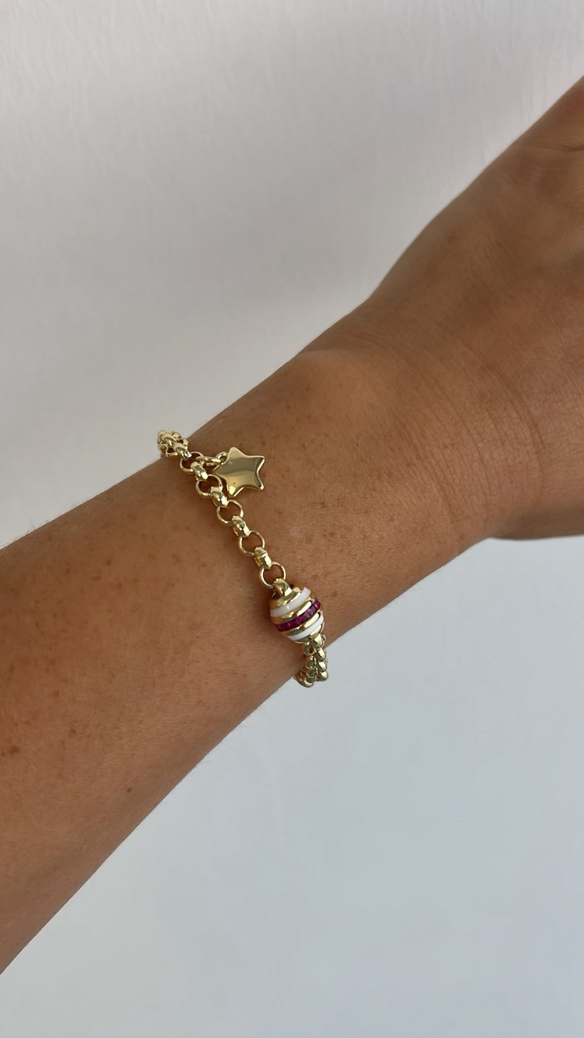 14K Gold Vip Seri Yıldız Charmlı Bordo Taşlı Bileklik 20cm