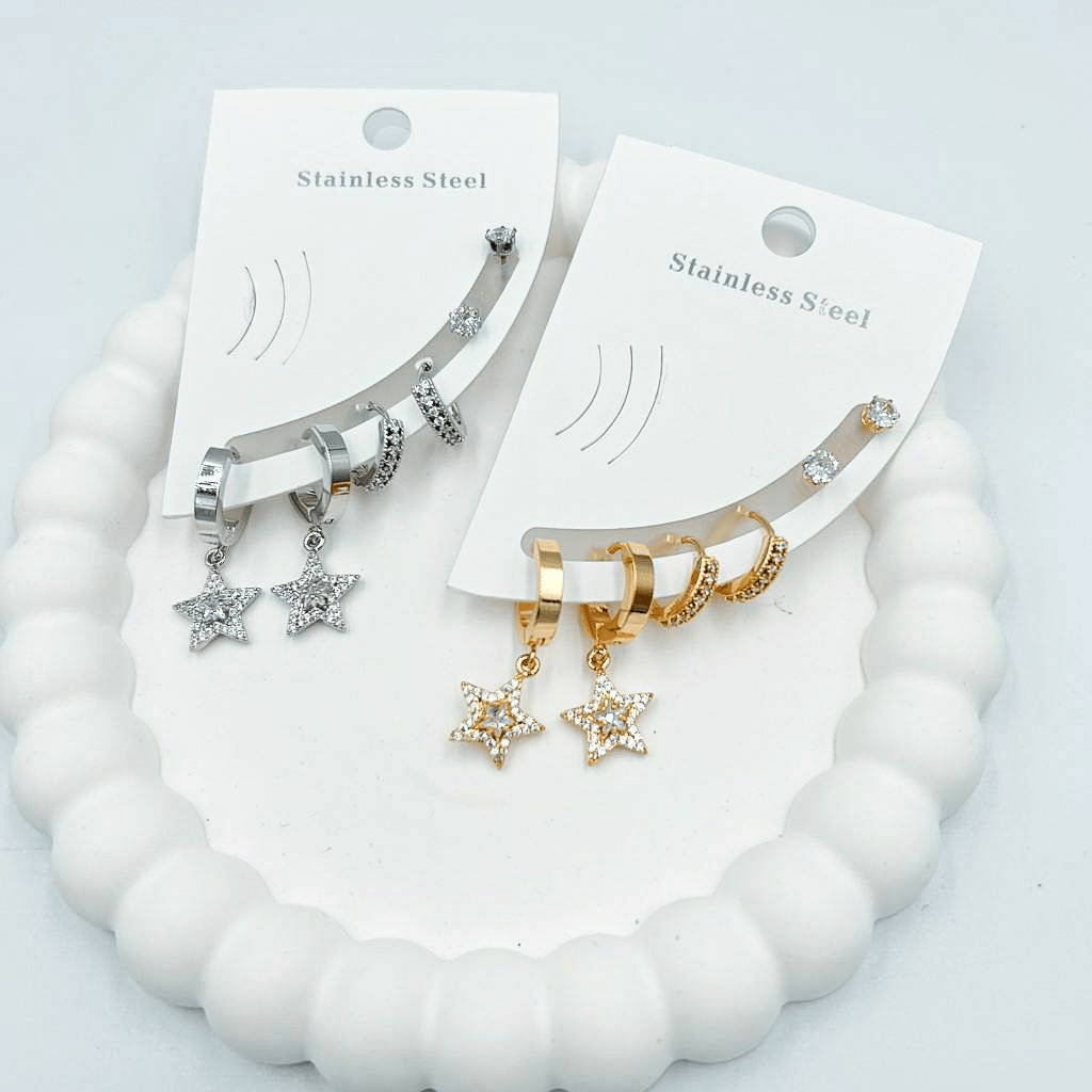 Çelik 6'lı Yıldızlı Set Küpe