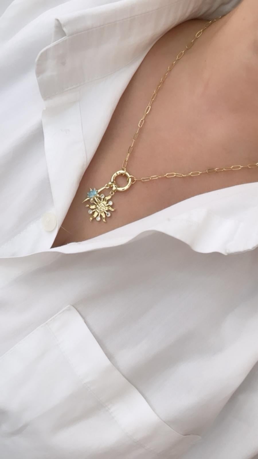 Özel Seri 14K Gold Mavi Taşlı Charmlı Kolye 45 cm