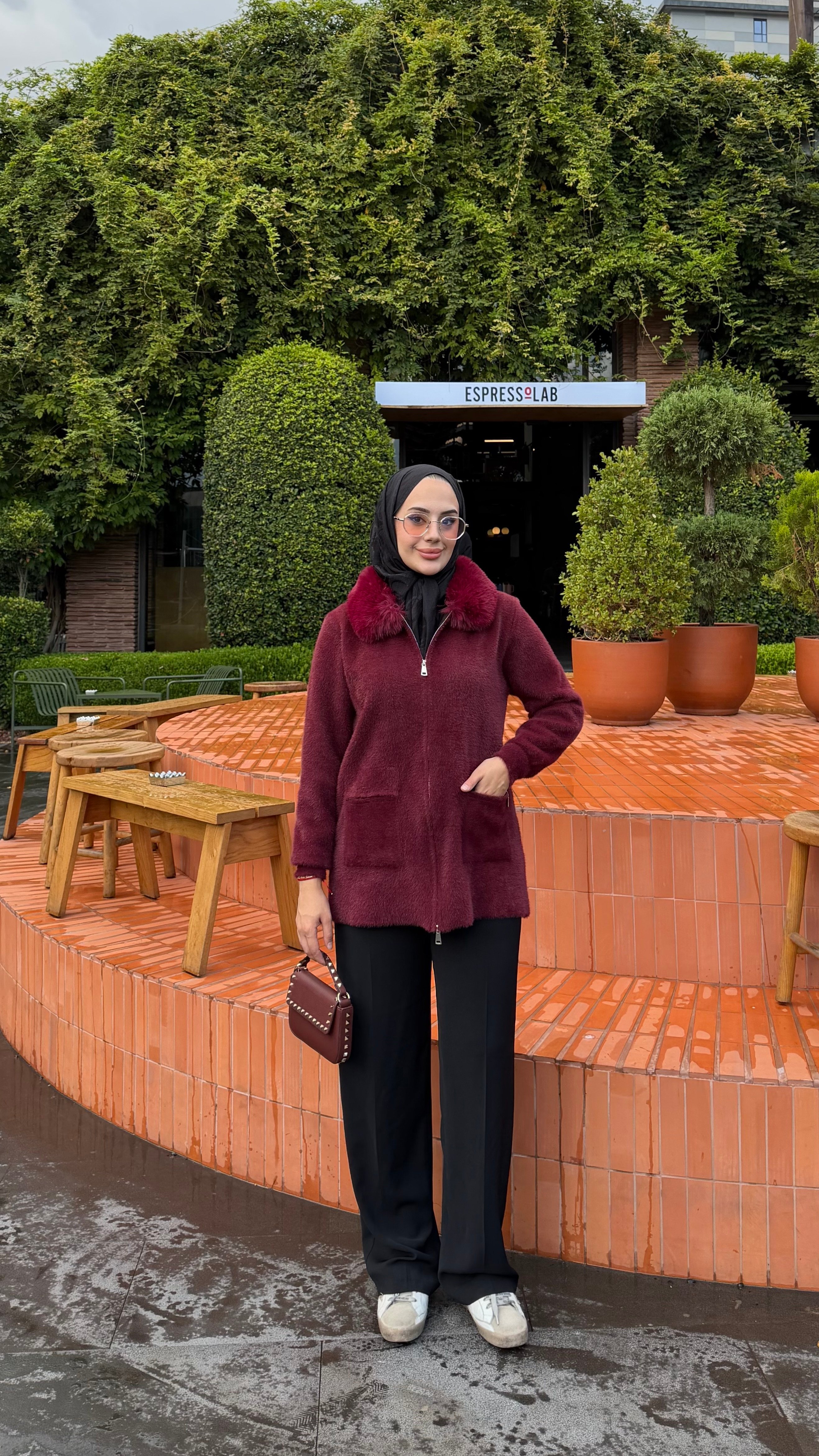 Angora Yumuşak Dokulu Kürk Yaka Ceket Bordo