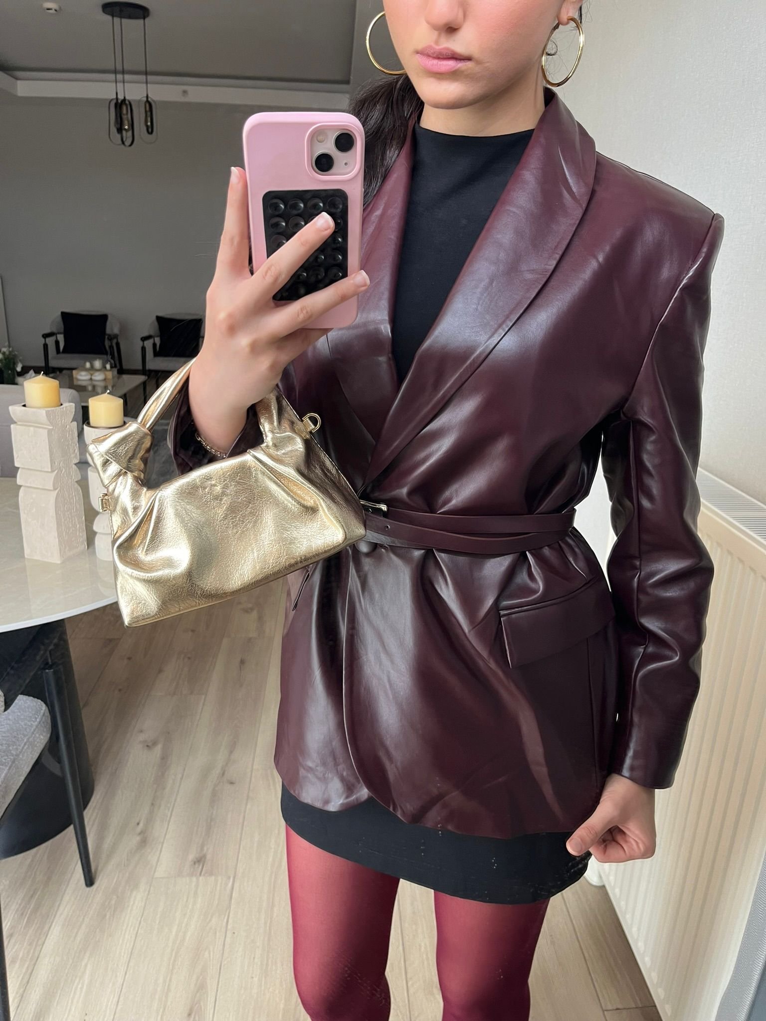 Bordo Kemerli Suni Deri Blazer Ceket