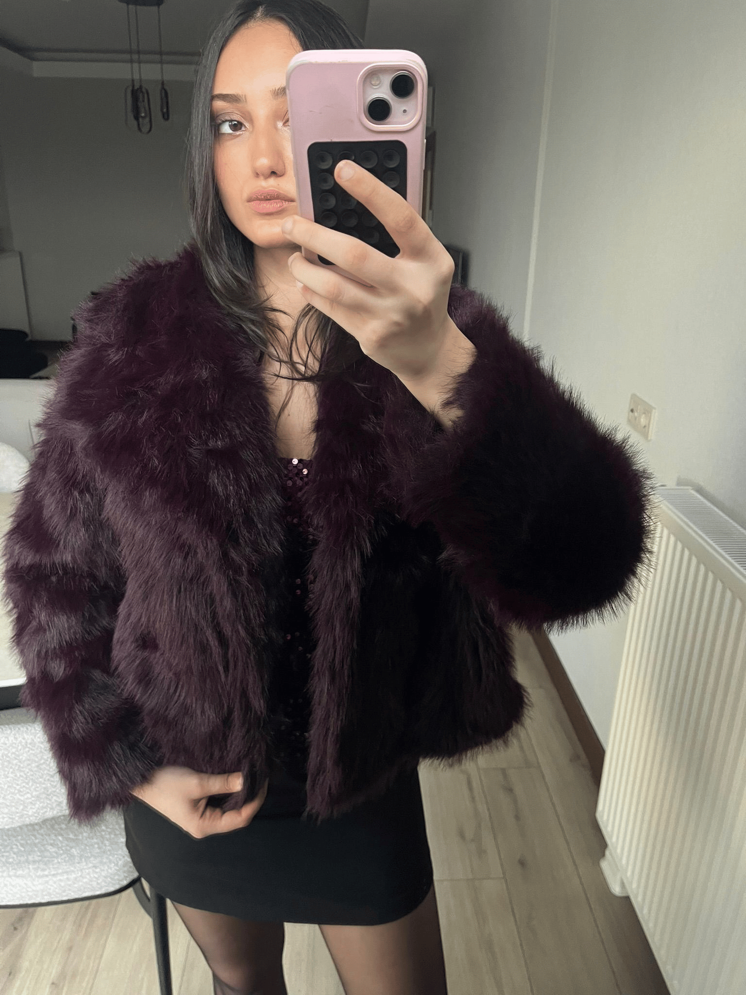 Bordo Oversize Kalıp Kürk Mont