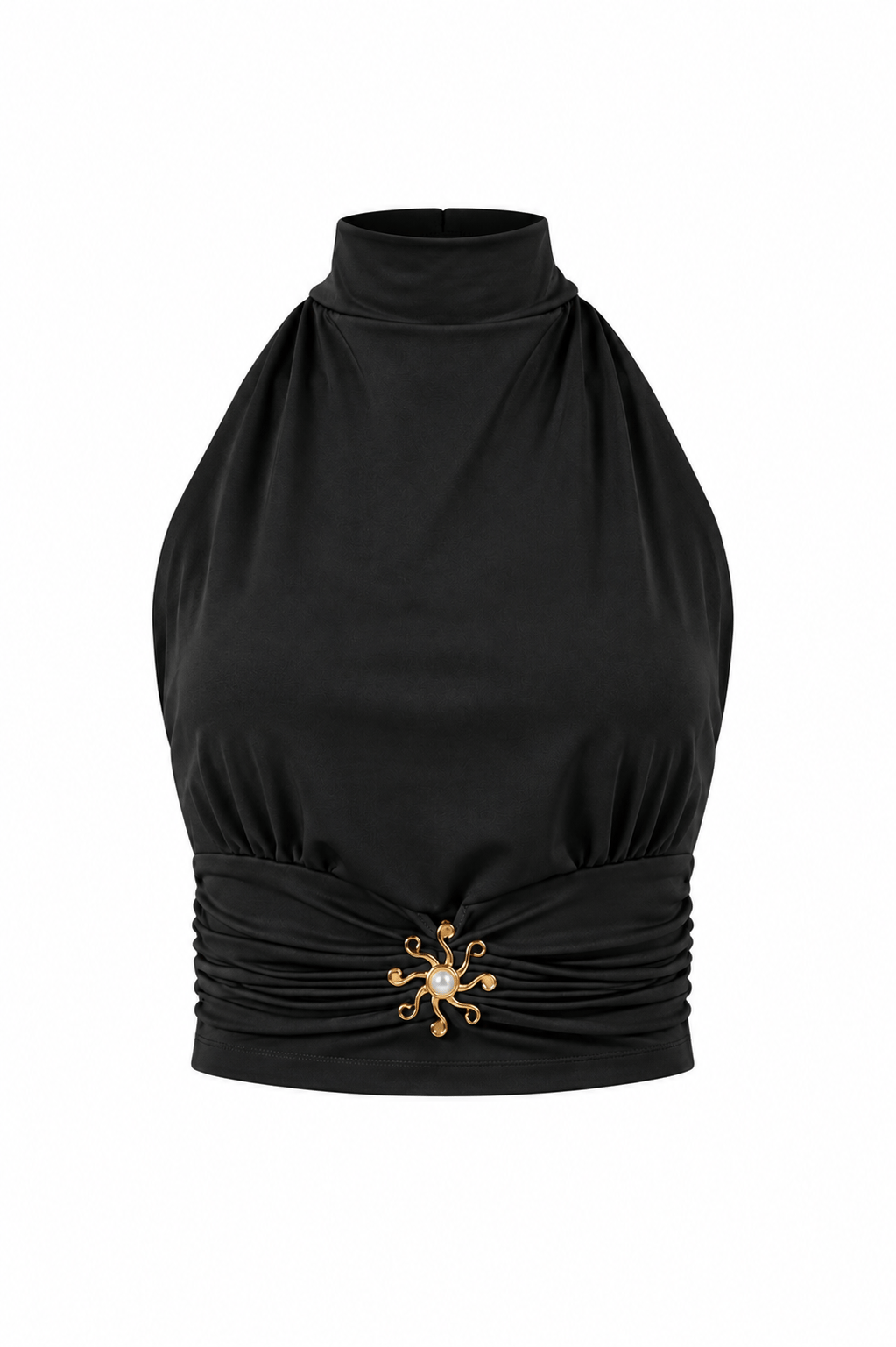 Halter Yaka Gold Aksesuar Detaylı Bluz Siyah