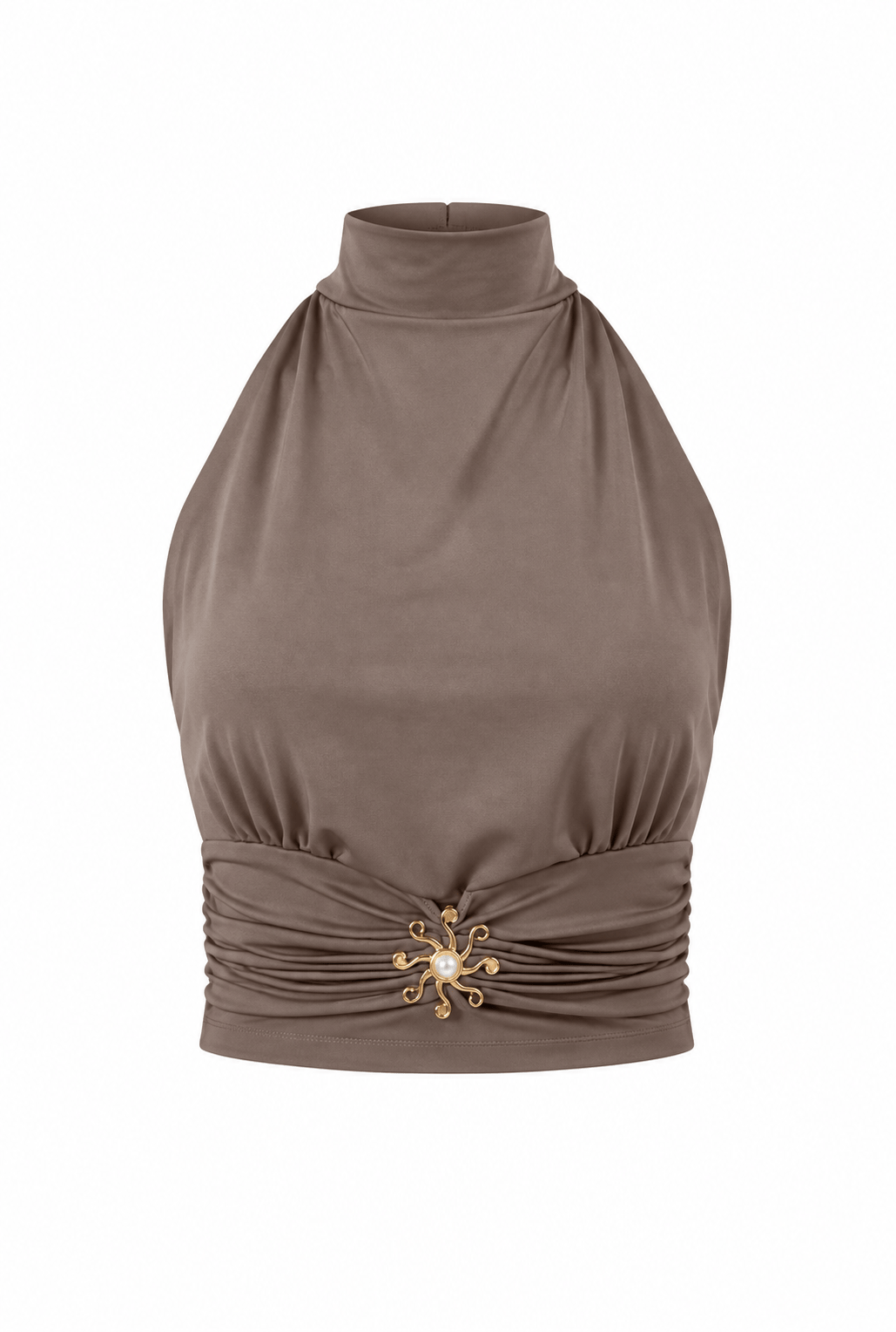 Halter Yaka Gold Aksesuar Detaylı Bluz Vizon