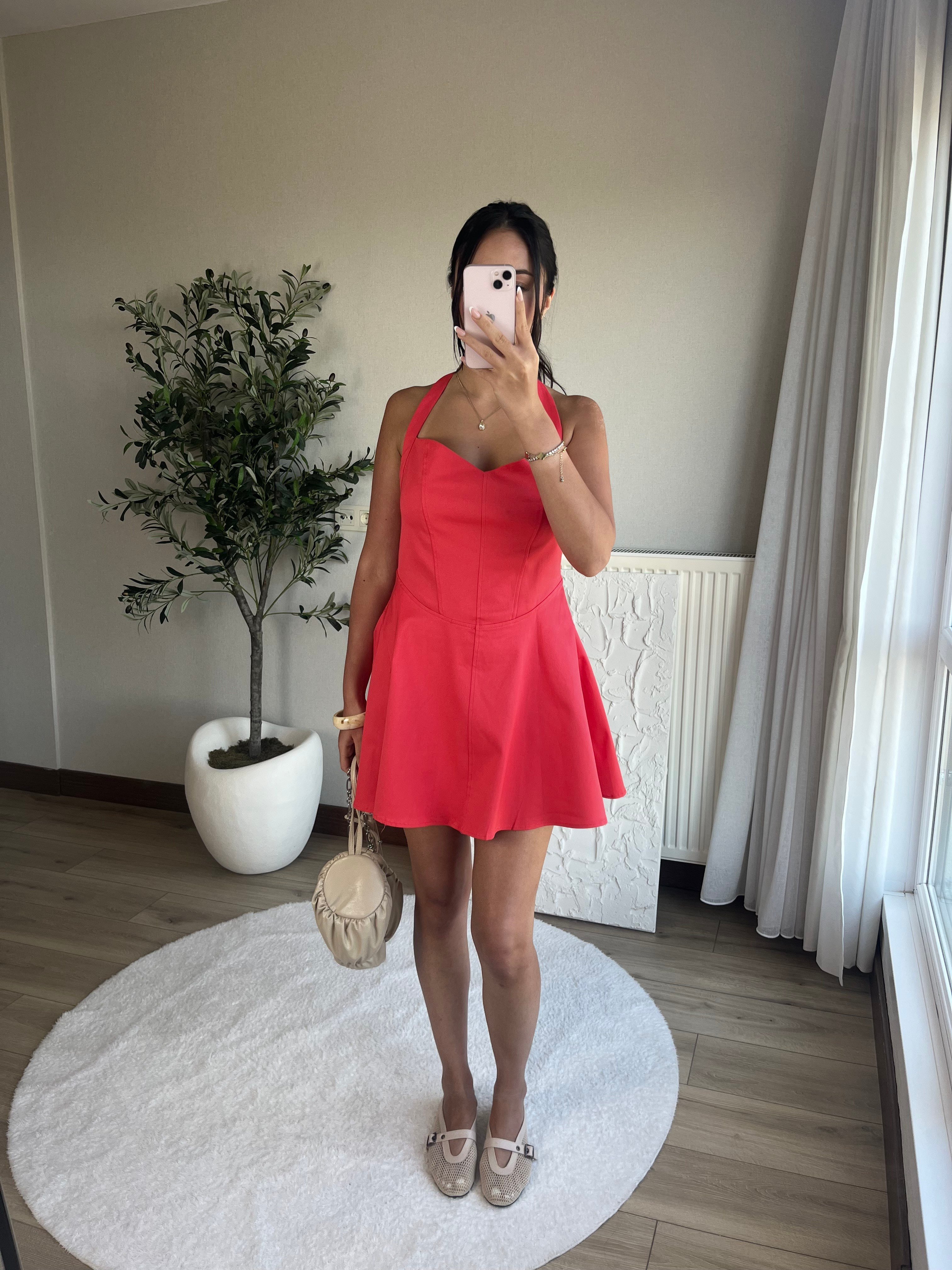 Halter Yaka Mini Elbise Kırmızı