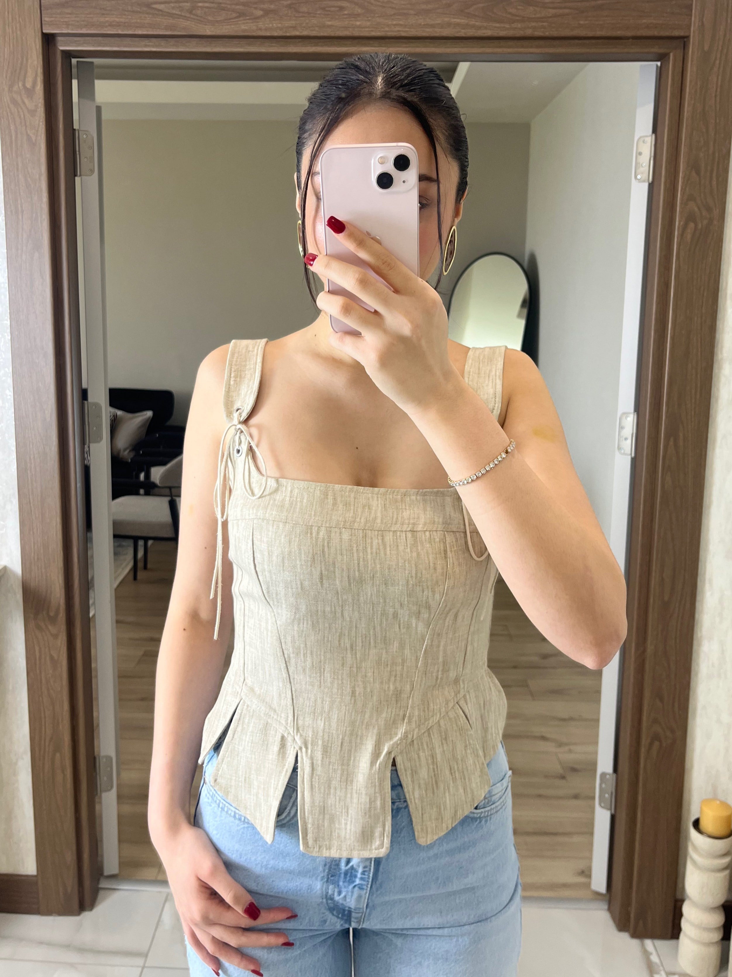 İp Detaylı Korse Bluz Bej
