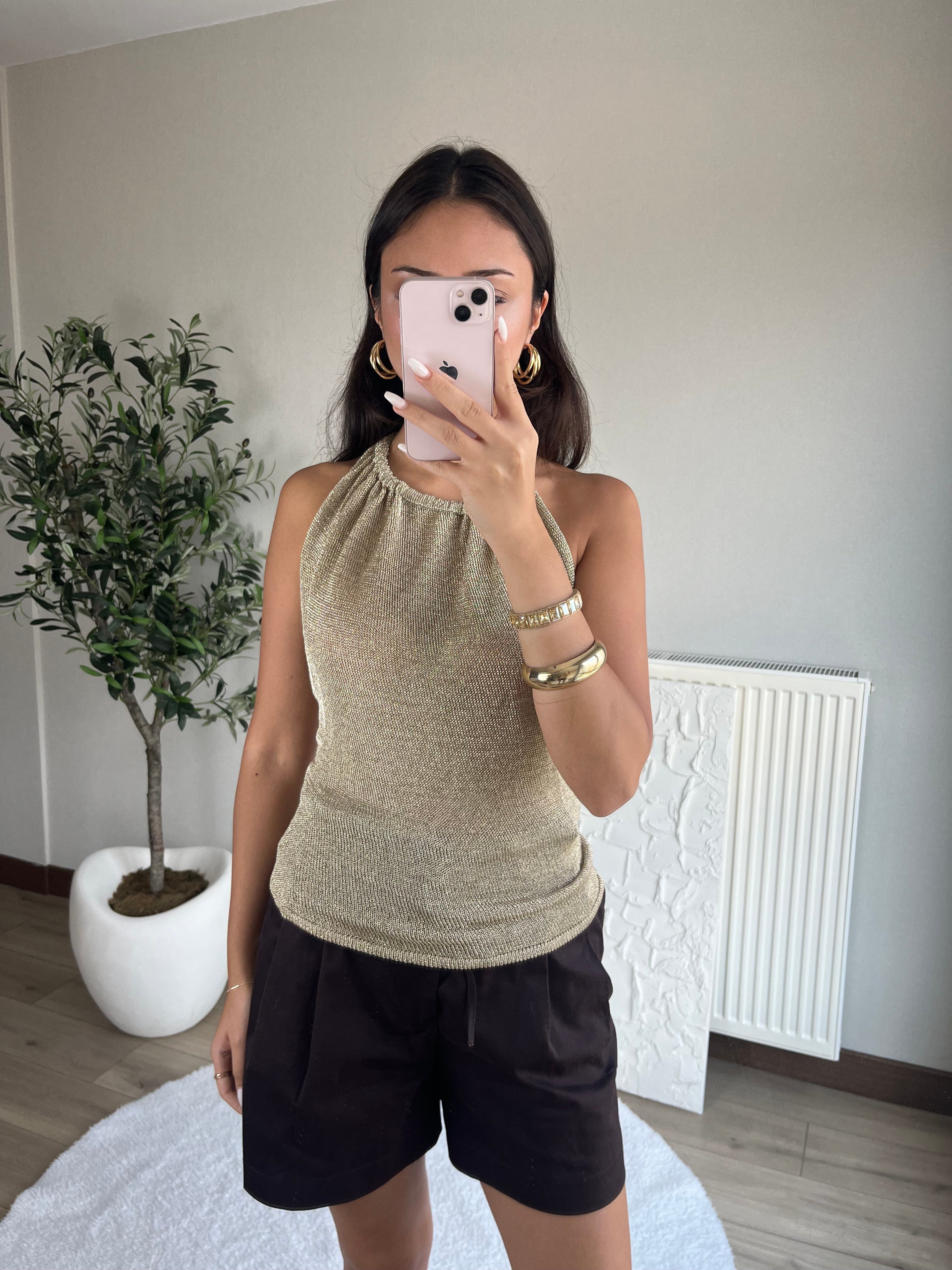 Işıltılı Halter Yaka Bluz