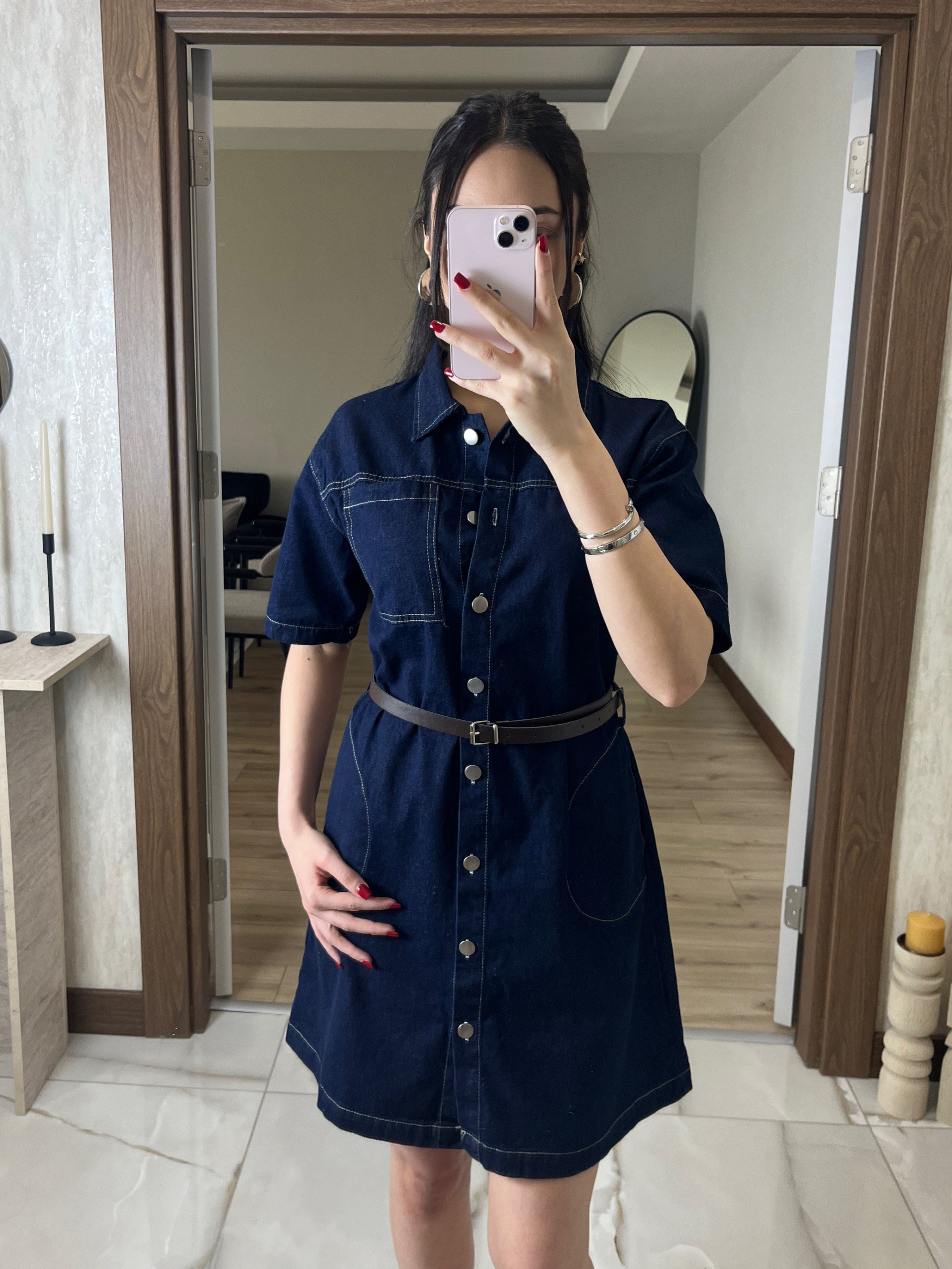 Kemer Detaylı Denim Elbise