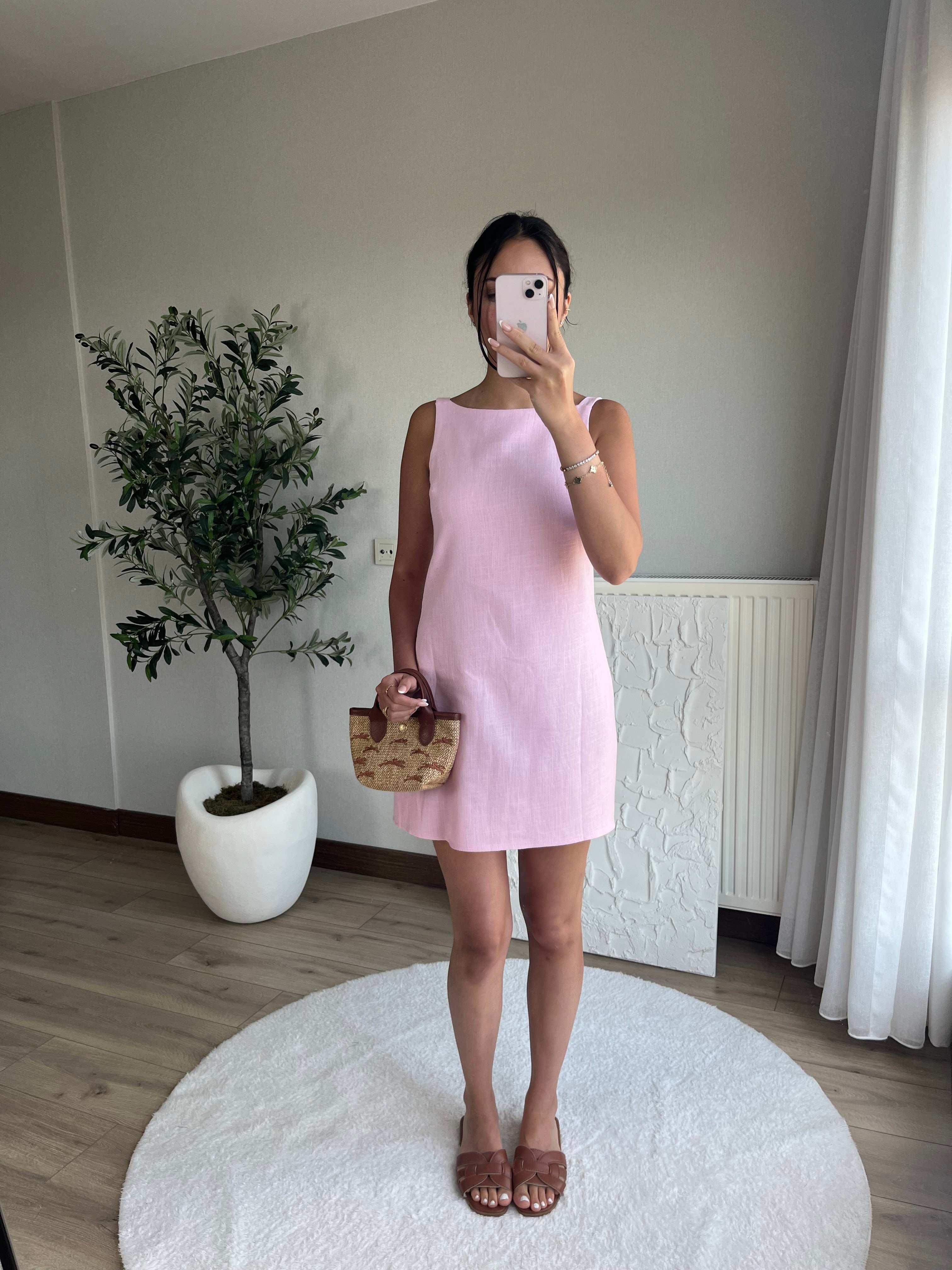 Keten Mini Elbise Pembe