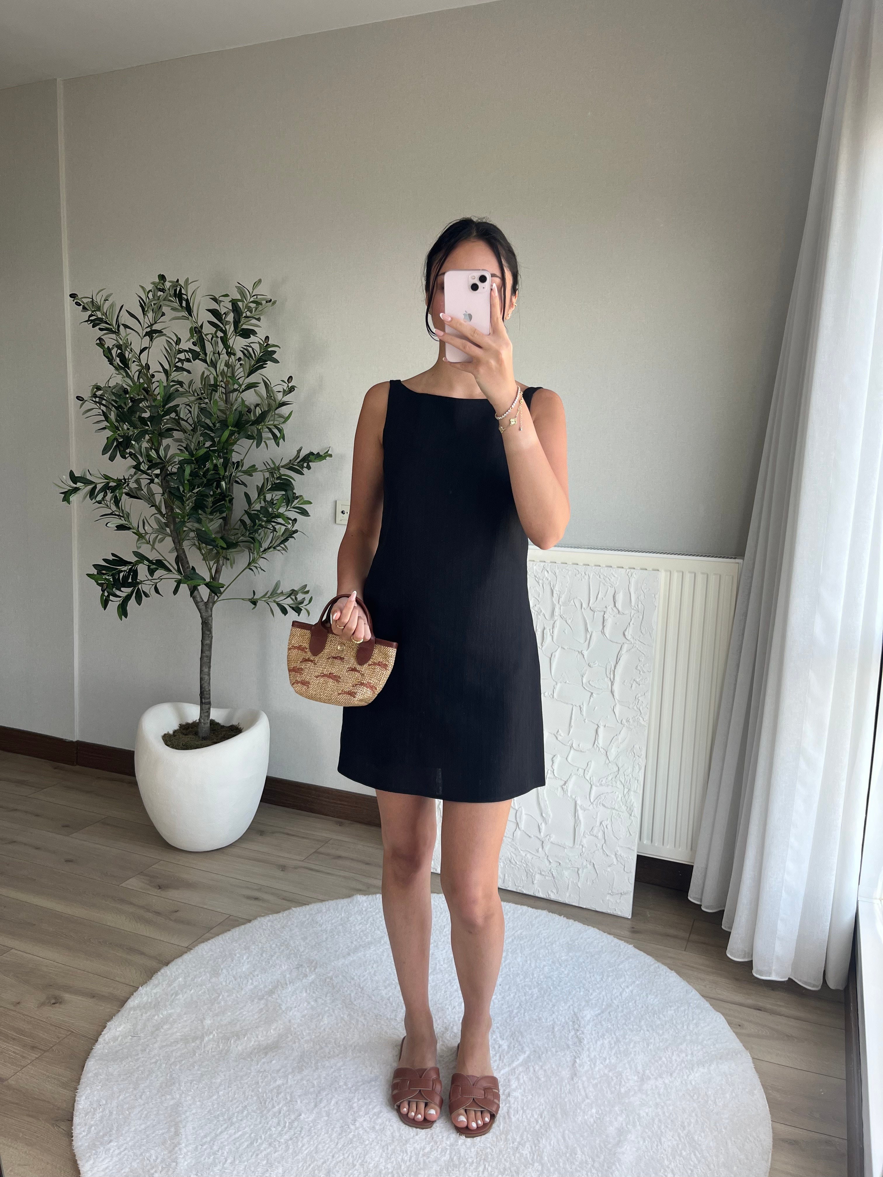Keten Mini Elbise Siyah