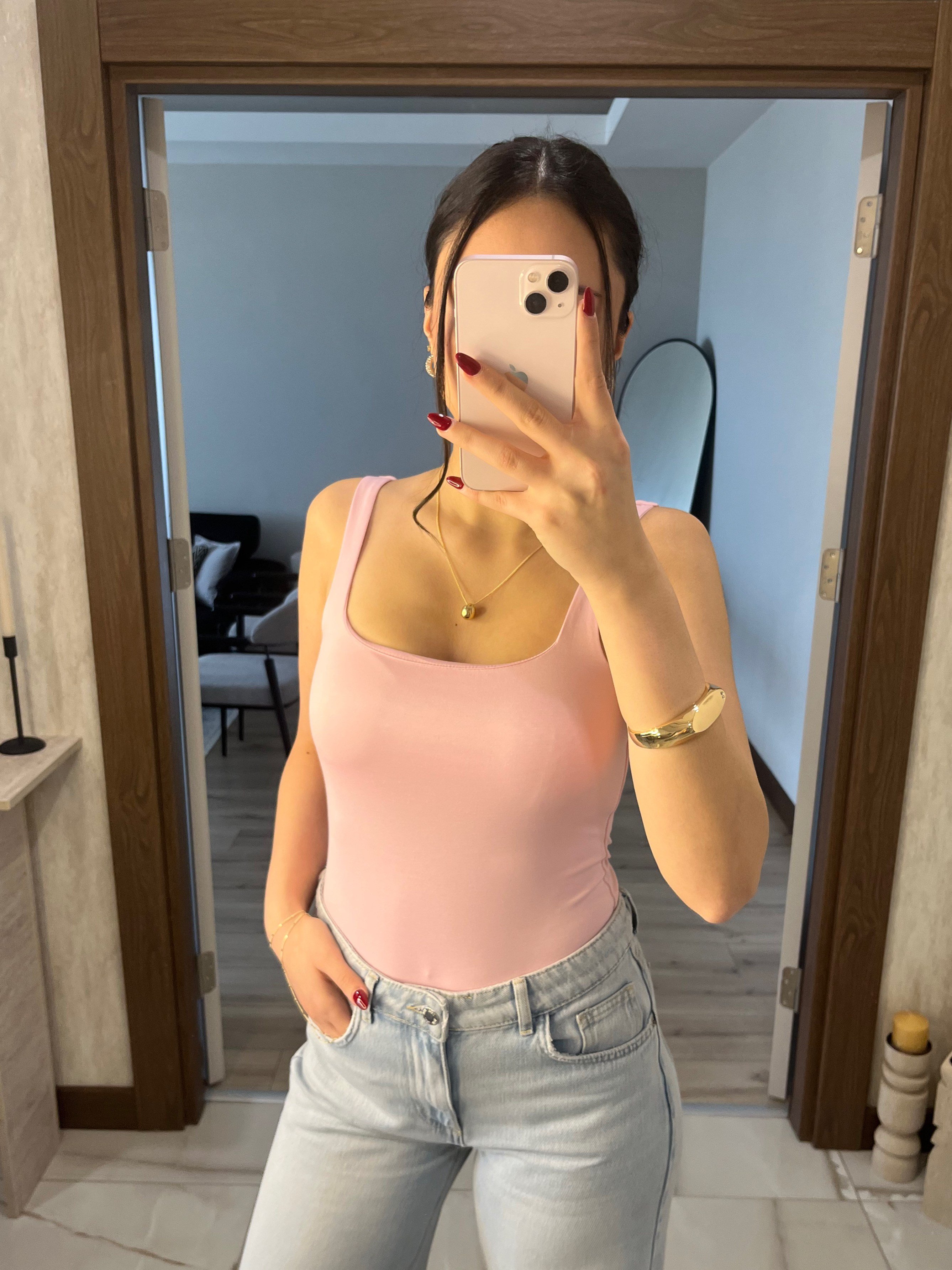 Kolsuz Açık Yaka Bodysuit Pembe