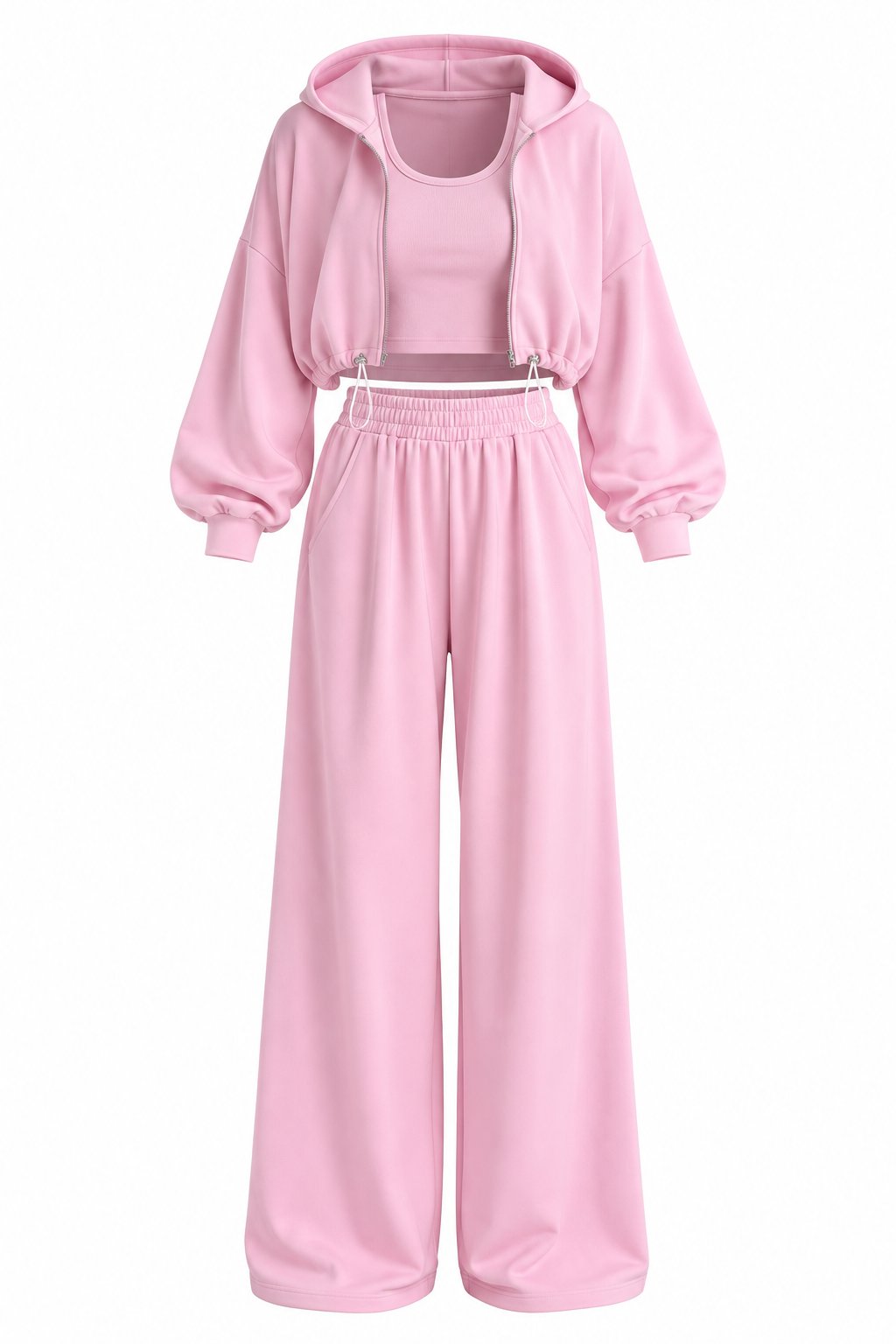 Pembe Kapüşonlu Crop 3'lü Takım