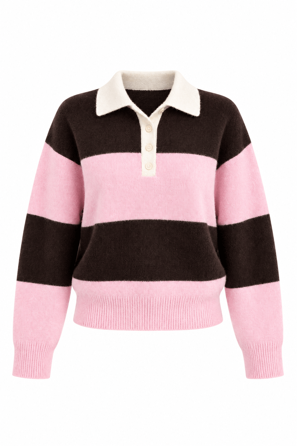 Polo Yaka Çizgili Kazak Pembe
