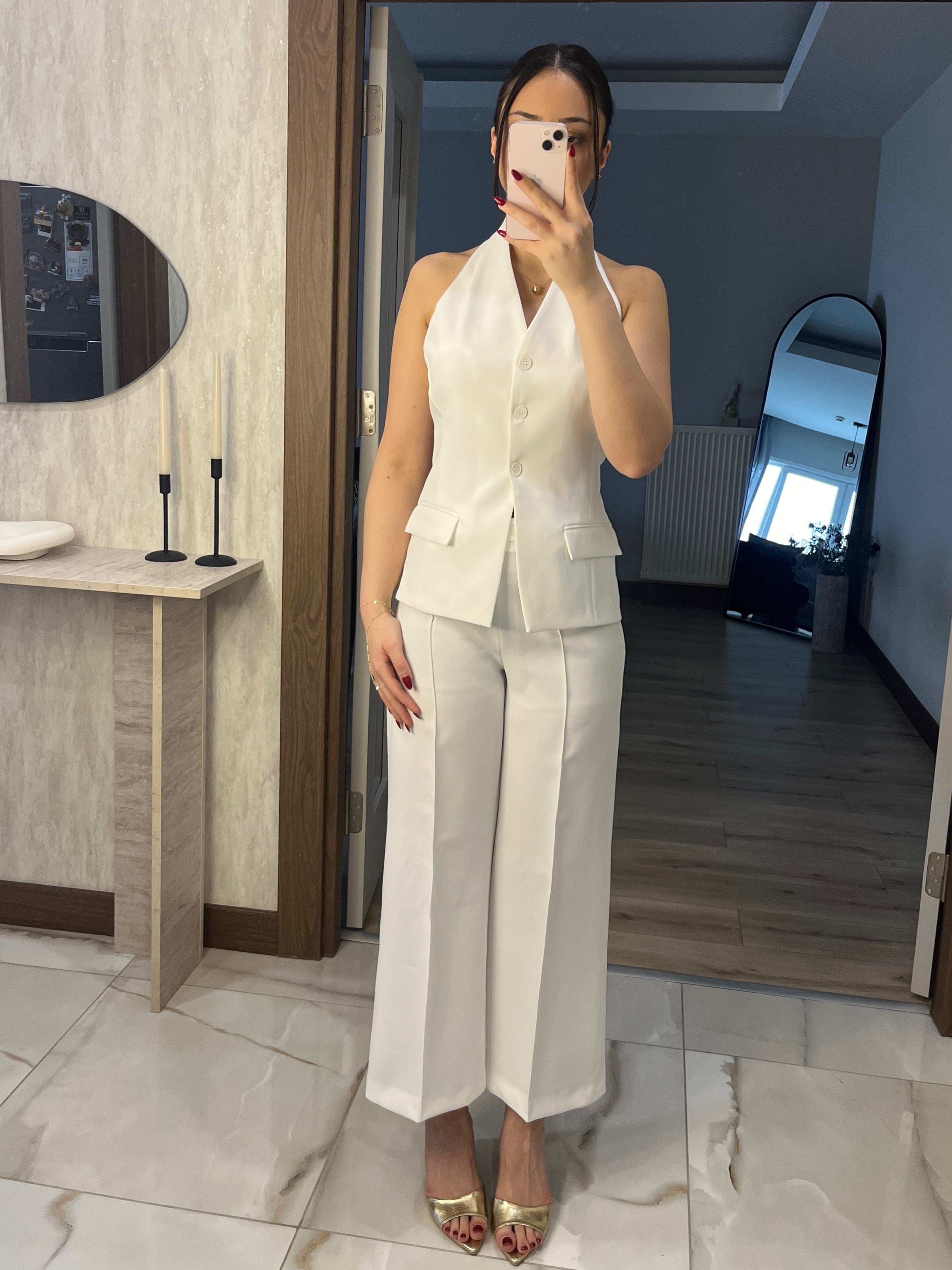 Sırt Dekolteli Yelek Pantolon Takım Ekru