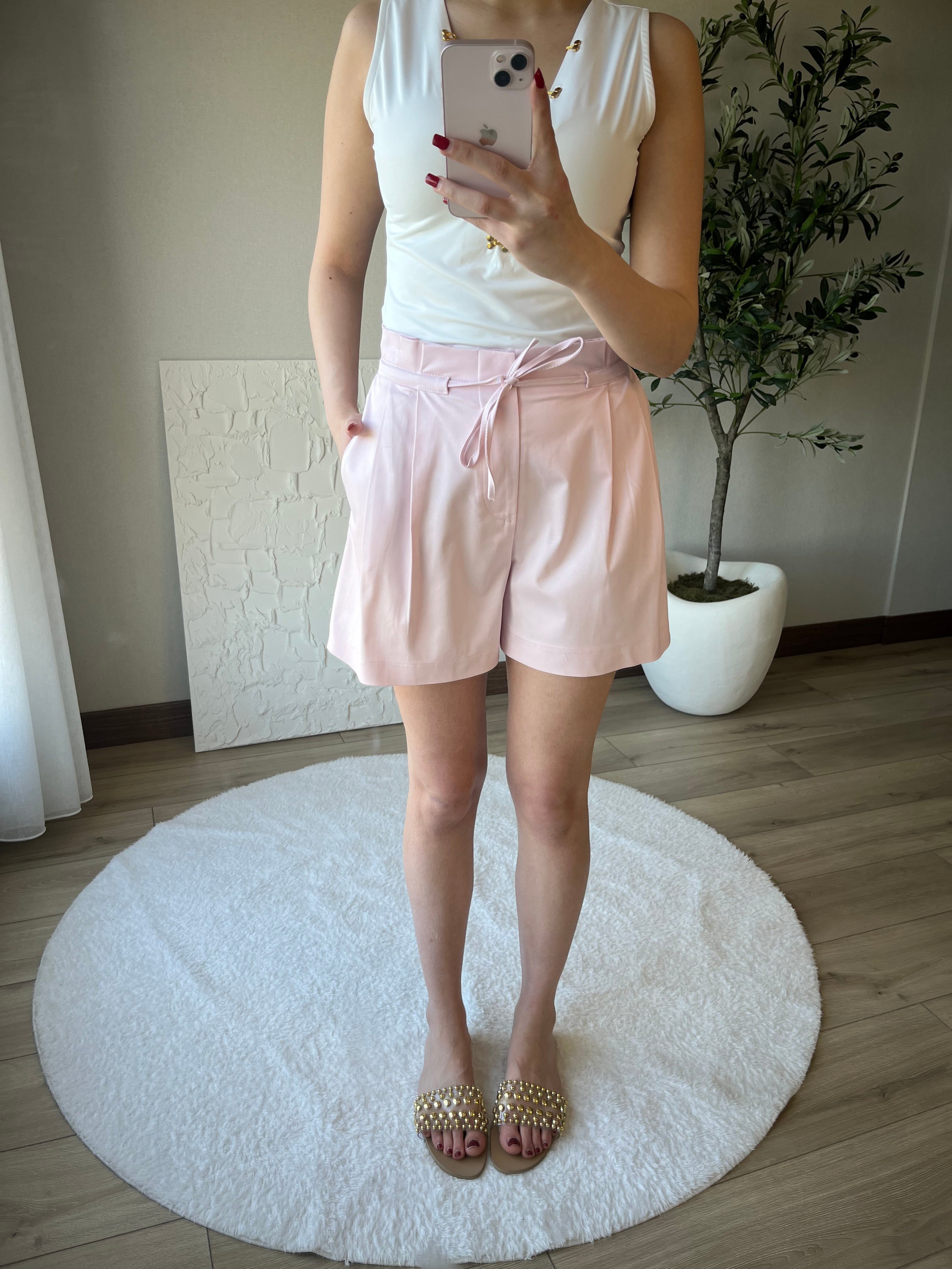 Tencel Kumaş Lastik Bel Şort Pembe