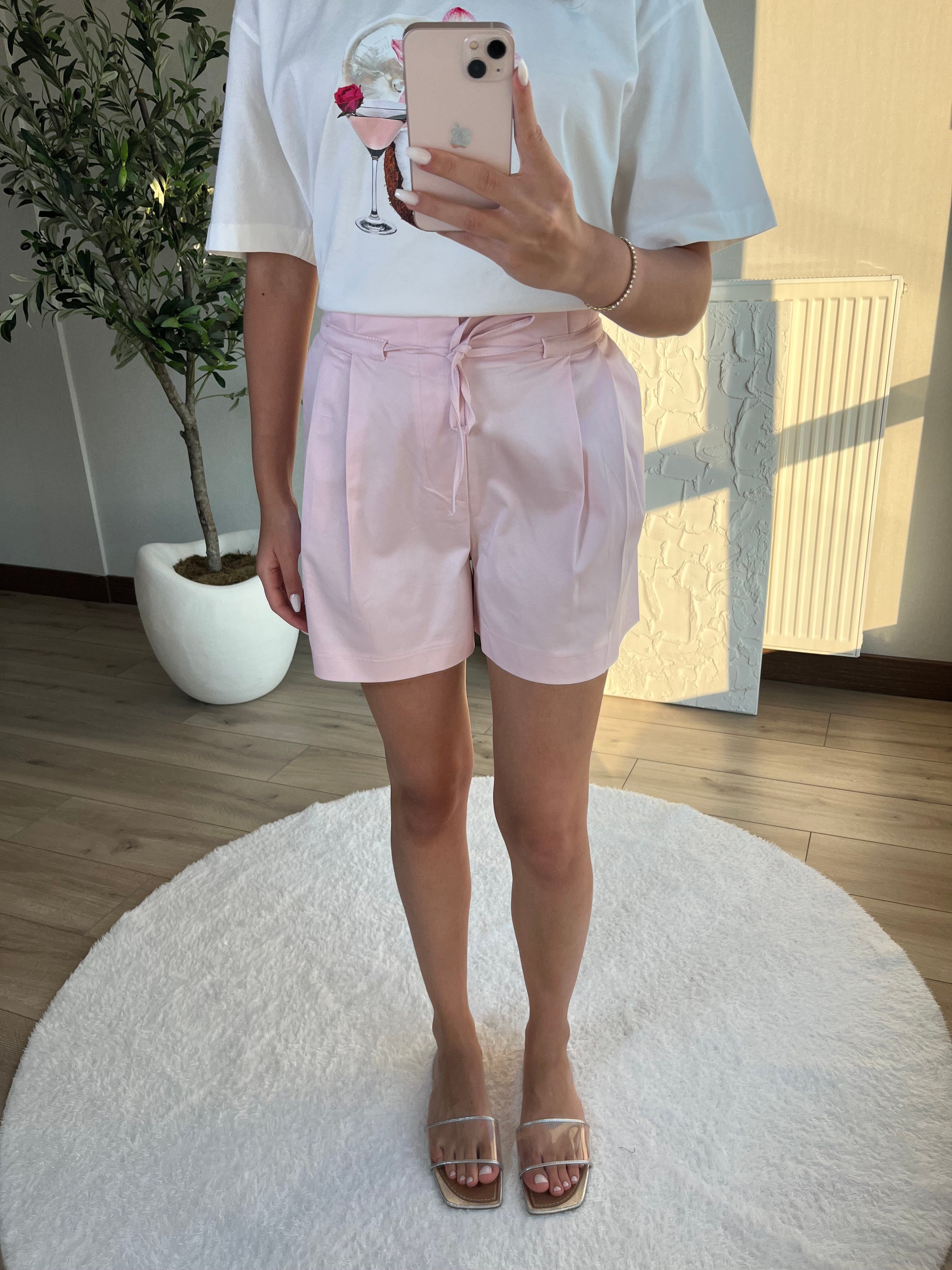 Tencel Kumaş Lastik Bel Şort Pembe