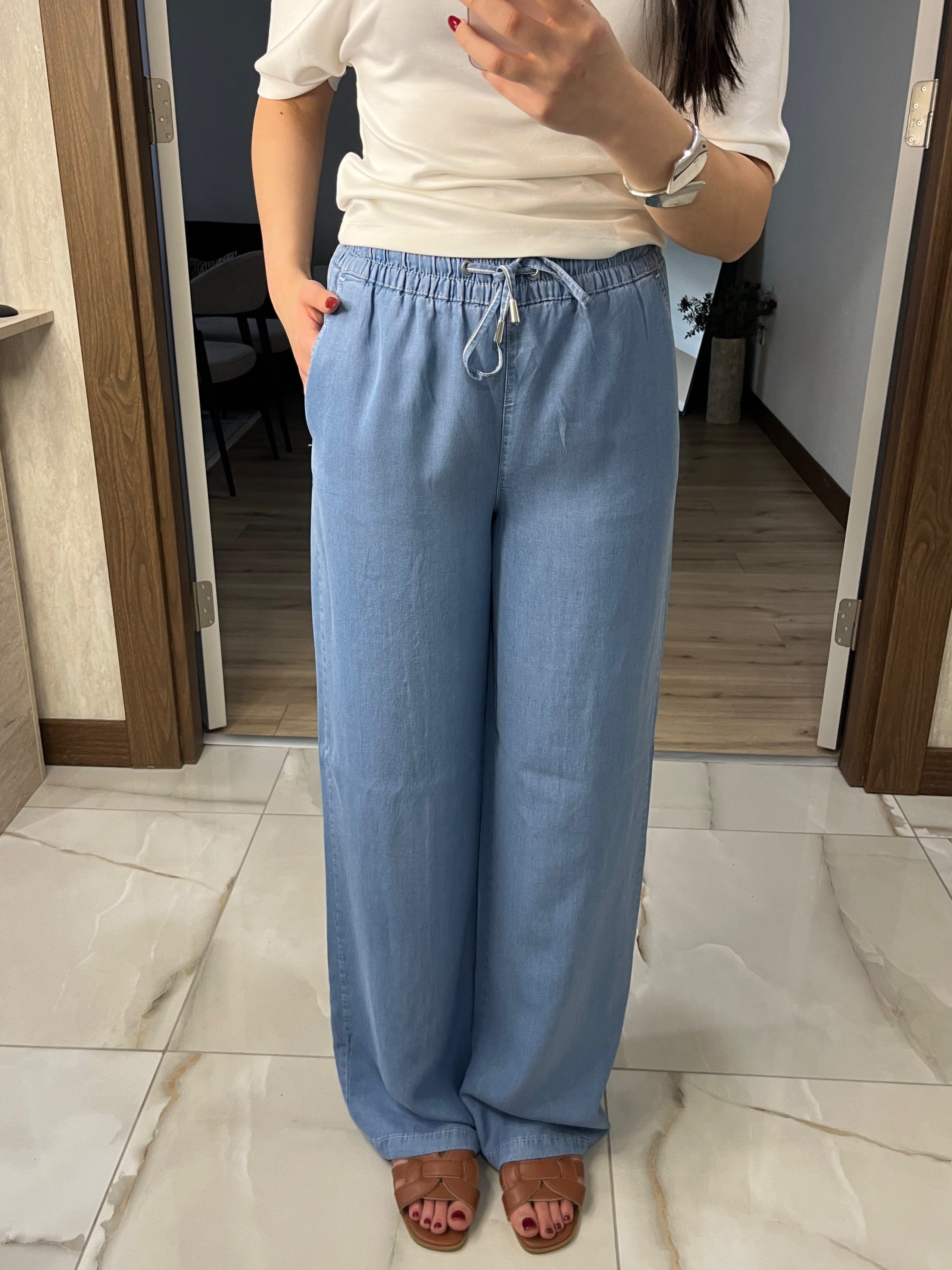 Tensel Kumaş Beli Lastikli Mavi Pantolon