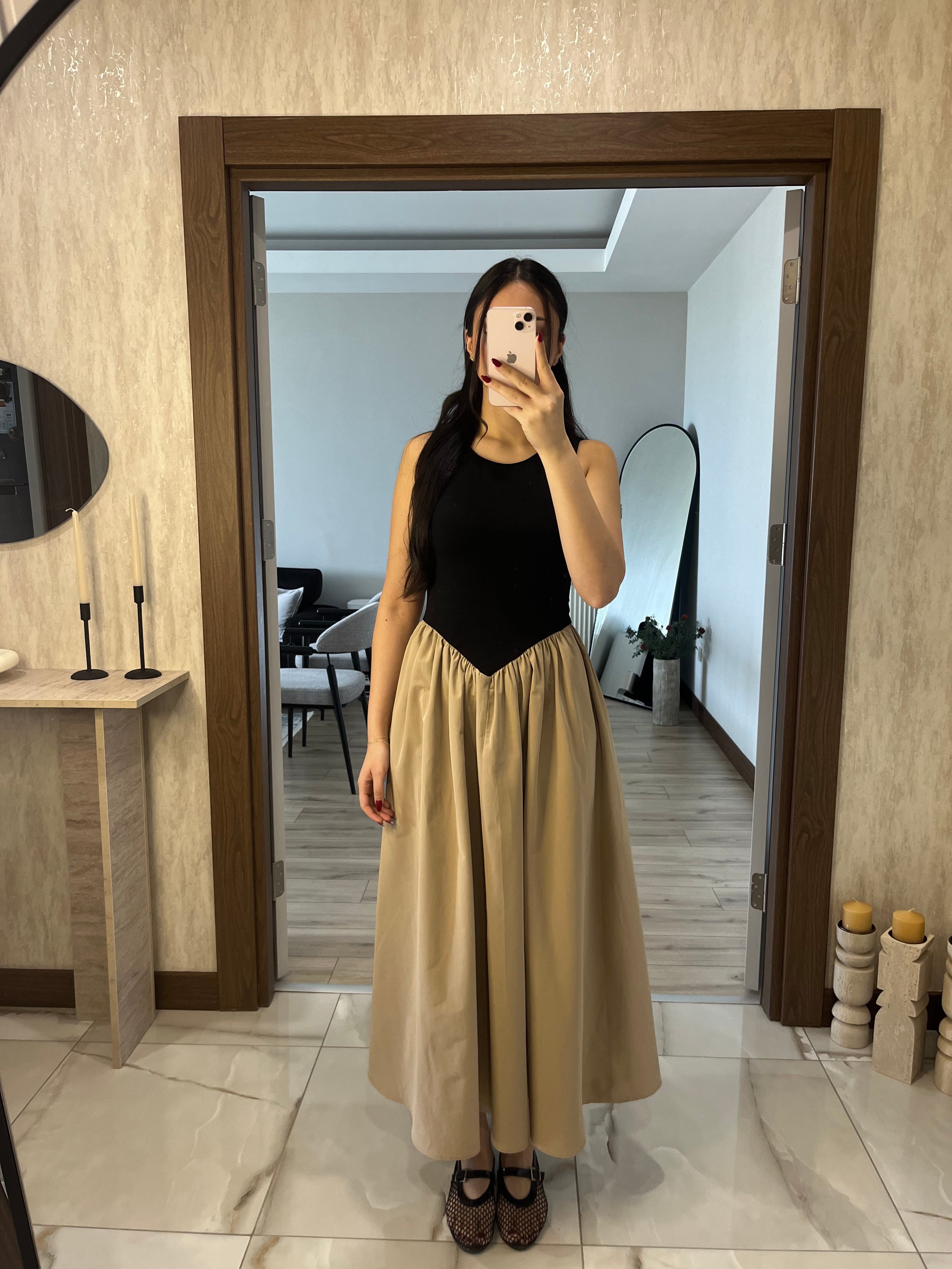 Üstü Jarse Poplin Elbise Camel