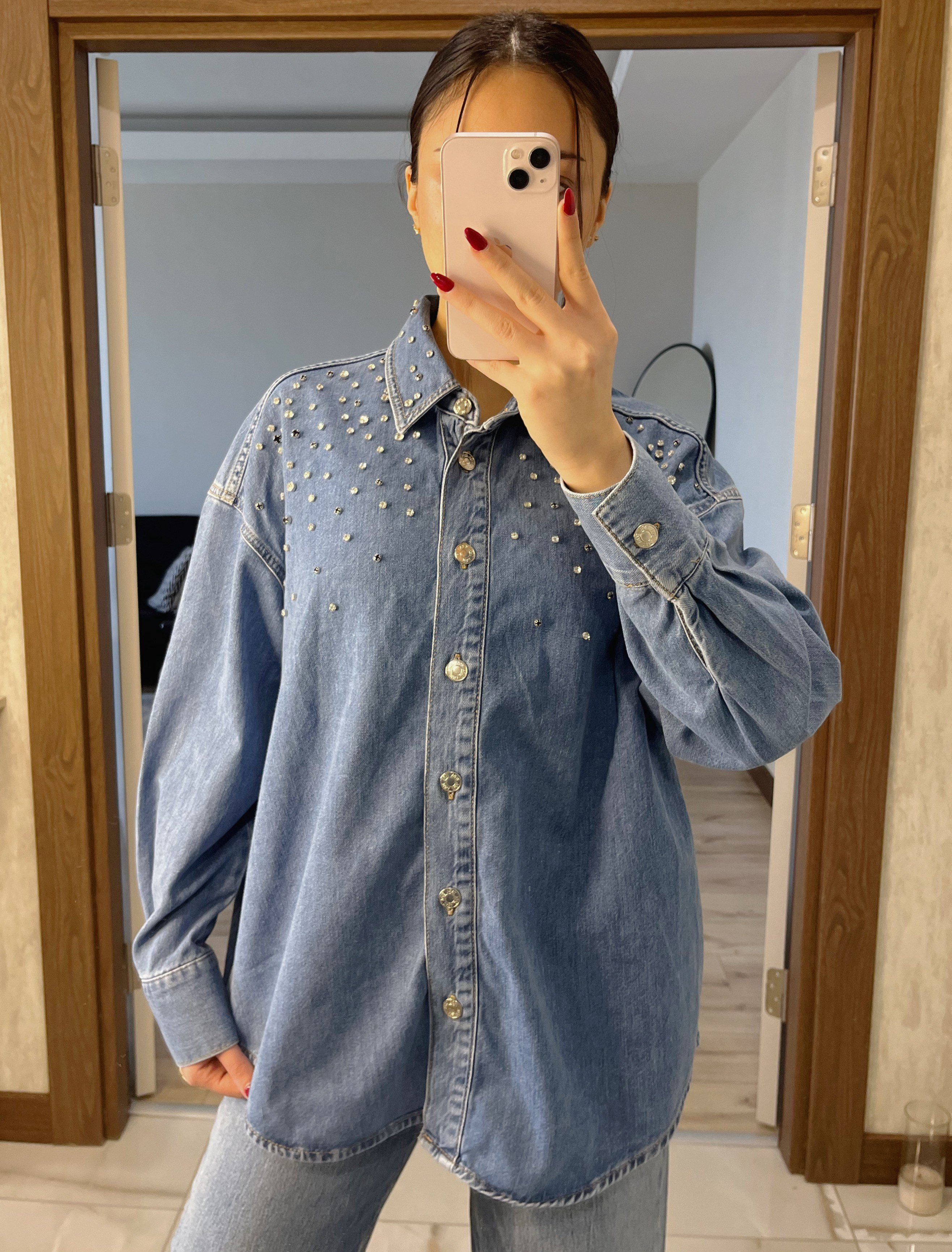 Zr Taşlı Denim Gömlek