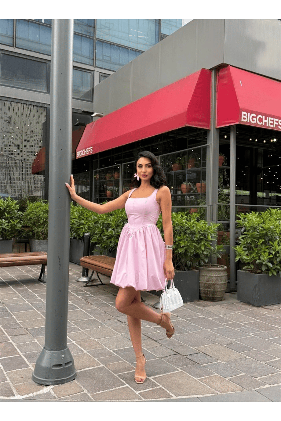 Balon Etekli Kare Yaka Mini Elbise - PEMBE