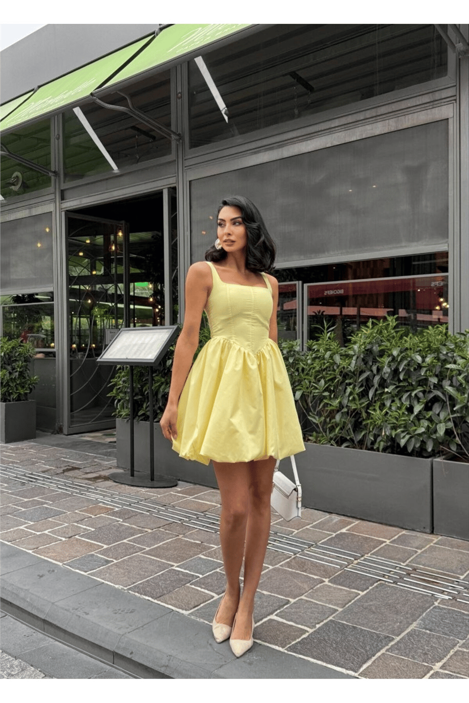 Balon Etekli Kare Yaka Mini Elbise - Sarı