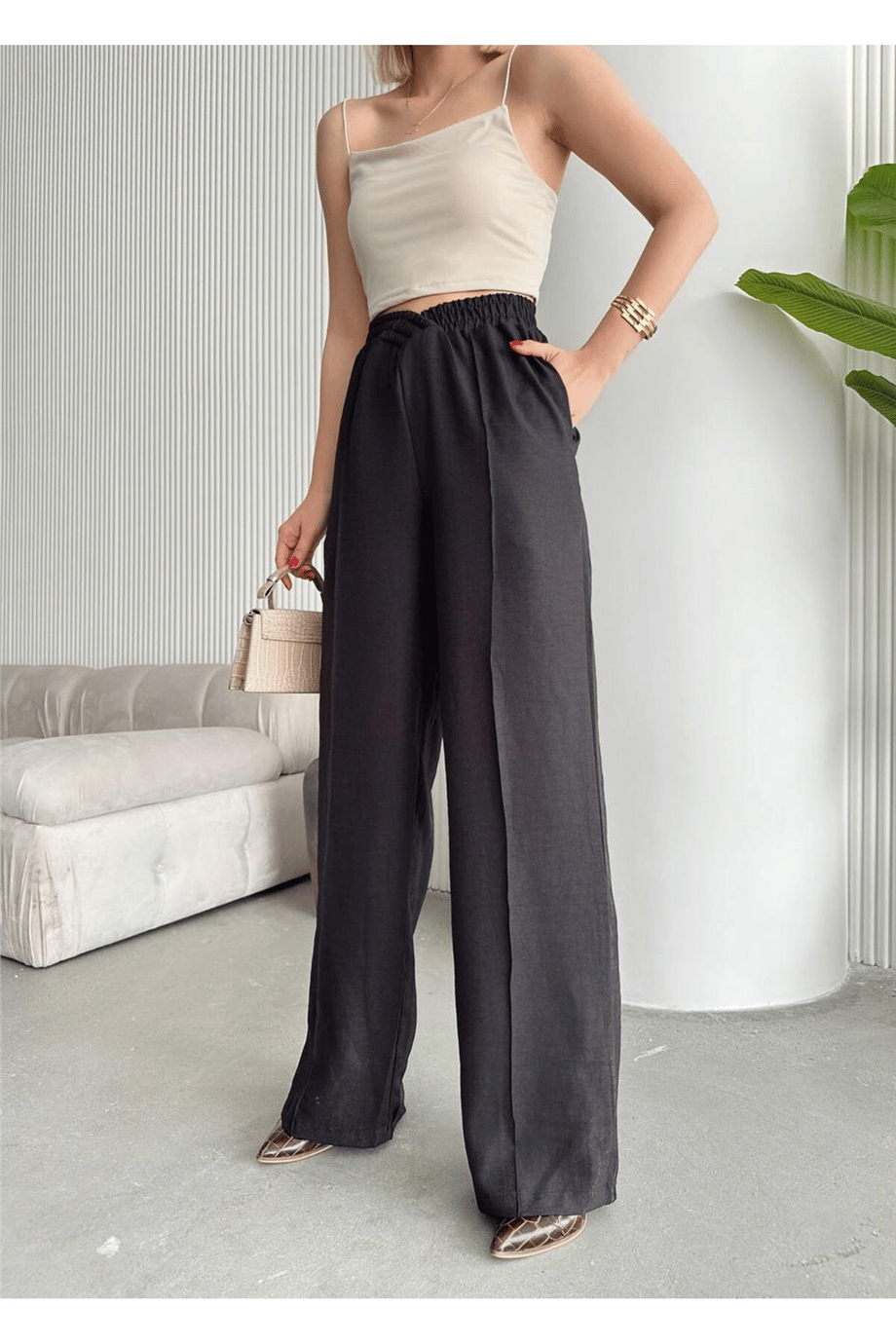 BELİ ÇAPRAZ LASTİK DETAYLI ÇIMALI SALAŞ KETEN PANTOLON ZYN-58649 - CAMEL - SİYAH