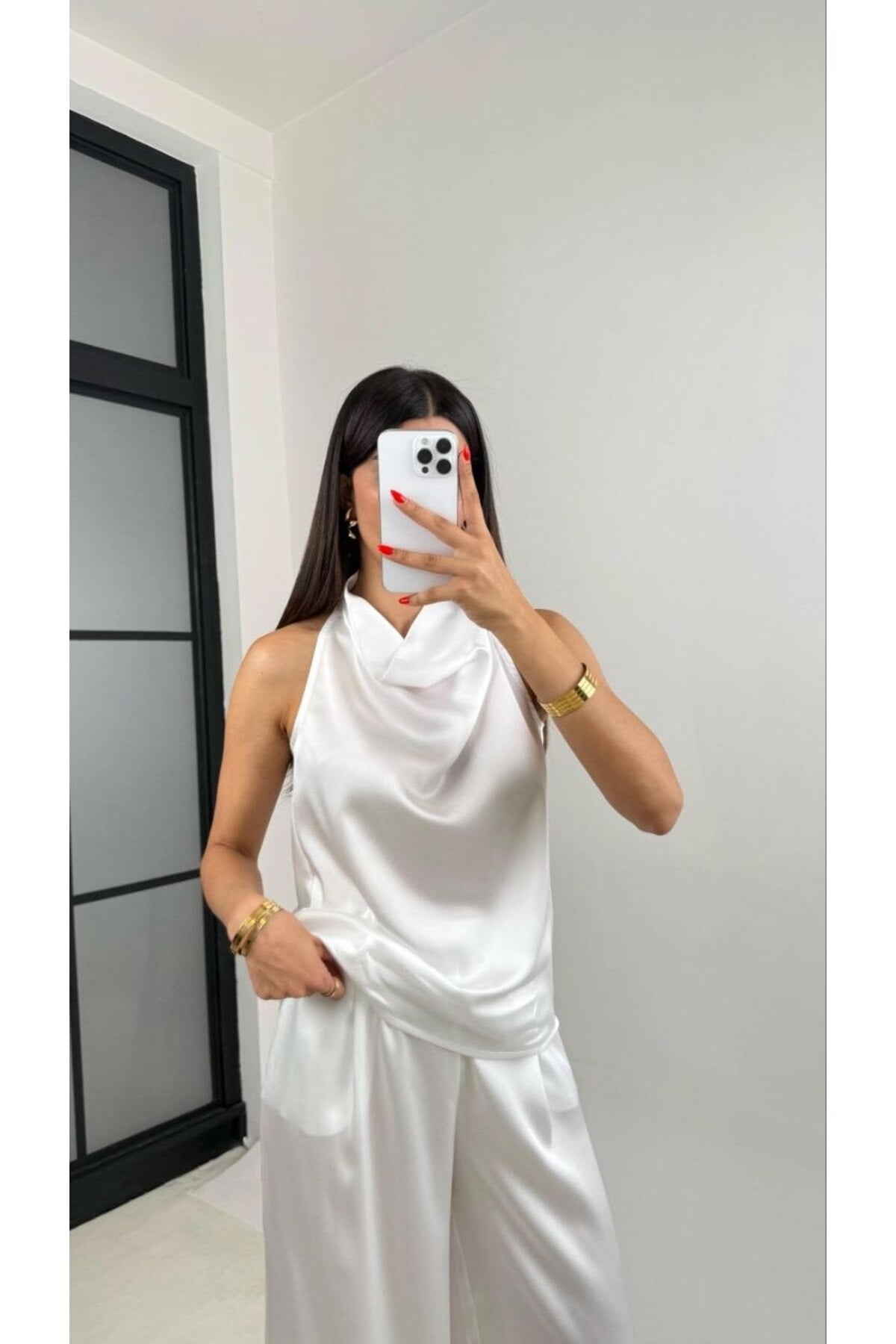 Degaje Yaka Saten Bluz - NSA-000860-004 (KAHVERENGİ) - Beyaz