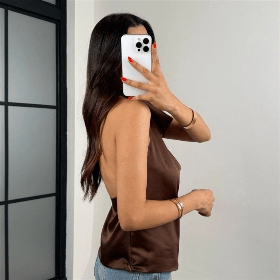 Degaje Yaka Saten Bluz - NSA-000860-004 (KAHVERENGİ) · 2