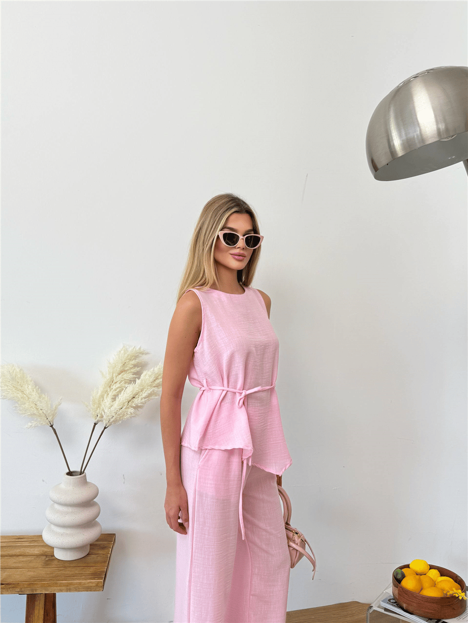 Dökümlü Kısa Kollu Bluz ve Geniş Paça Pantolon Takımı - Pembe · 2