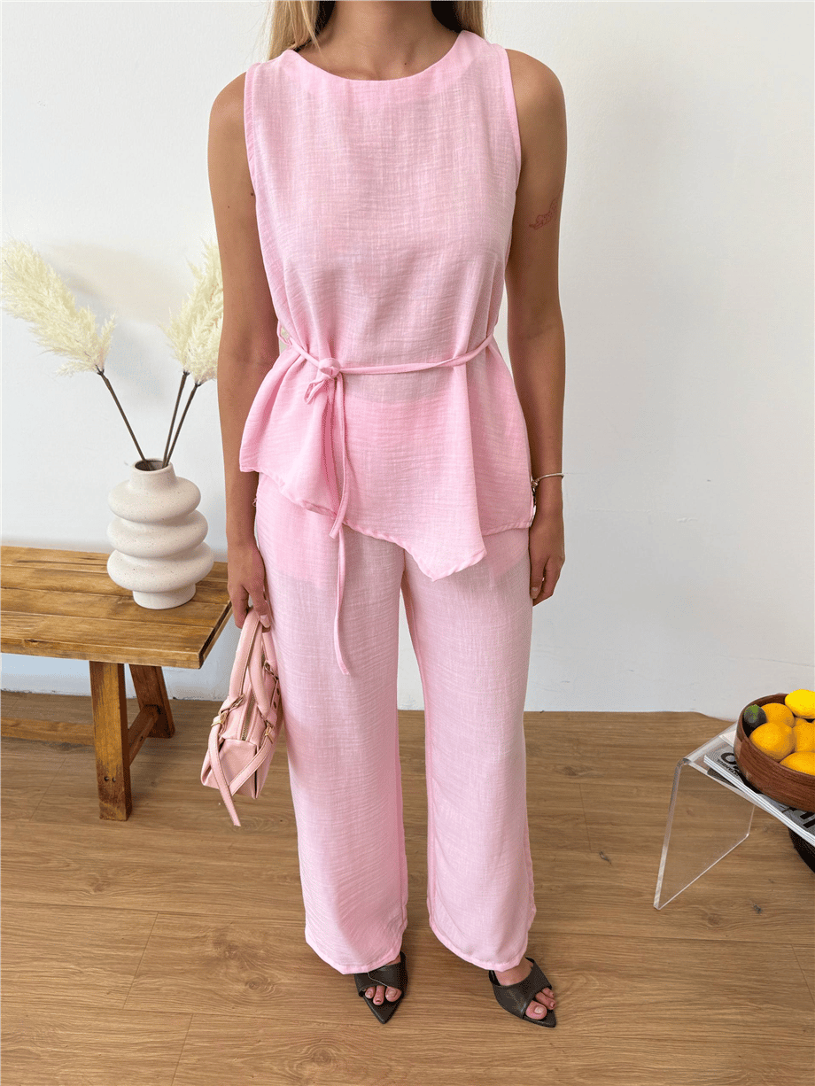 Dökümlü Kısa Kollu Bluz ve Geniş Paça Pantolon Takımı - Pembe · 4