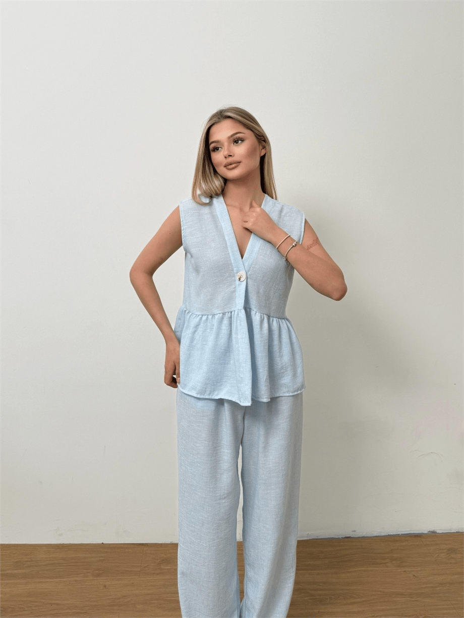 Dökümlü Peplum Bluz ve Pantolon Takımı - Açık Mavi