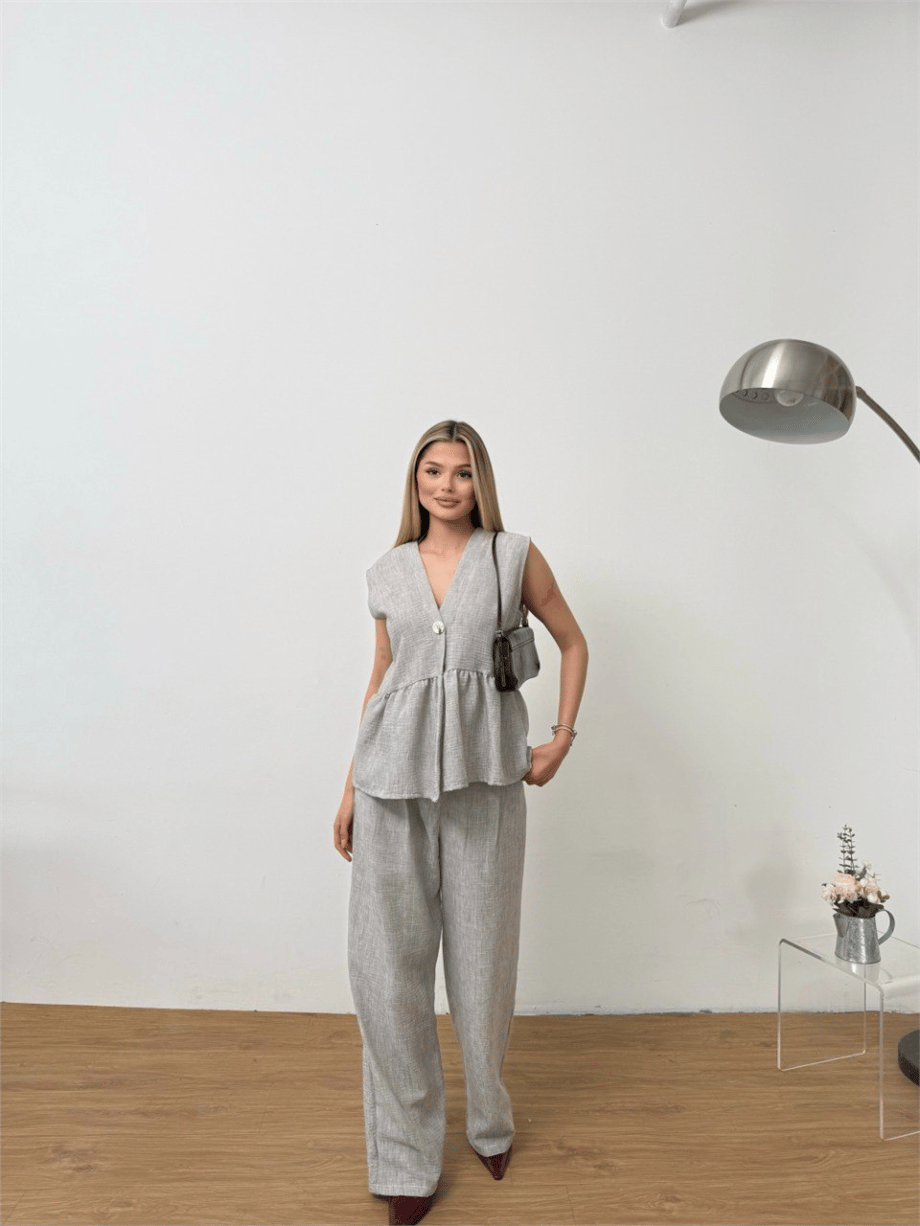 Dökümlü Peplum Bluz ve Pantolon Takımı - Gri