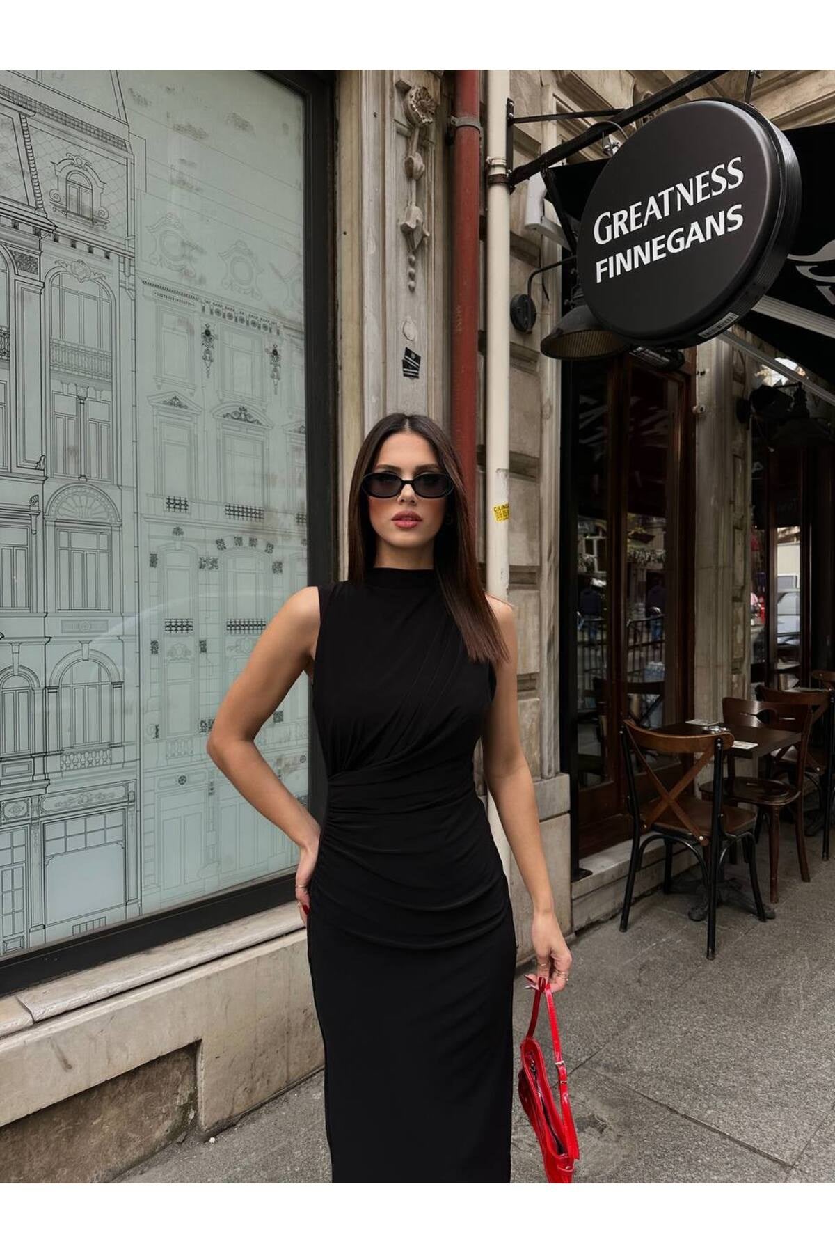 KADIN ASTARLI ARKASI YIRTMAÇLI DRAPE DETAYLI ELBİSE HYN-58045 - SİYAH