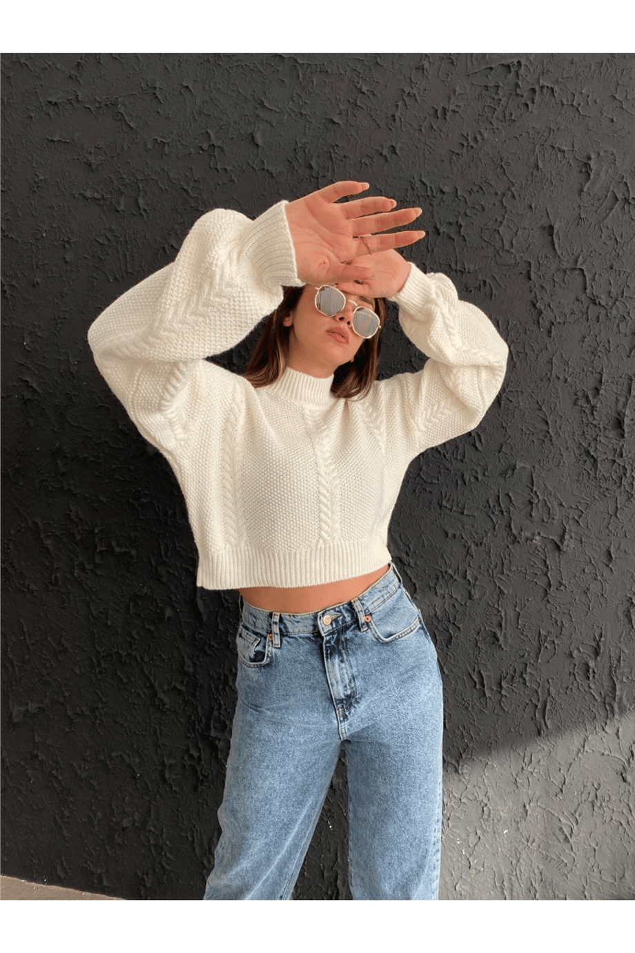 Kadın Balıkçı Yaka Örgü Detaylı Crop Triko Kazak Zyn-58381 - BEYAZ · 3