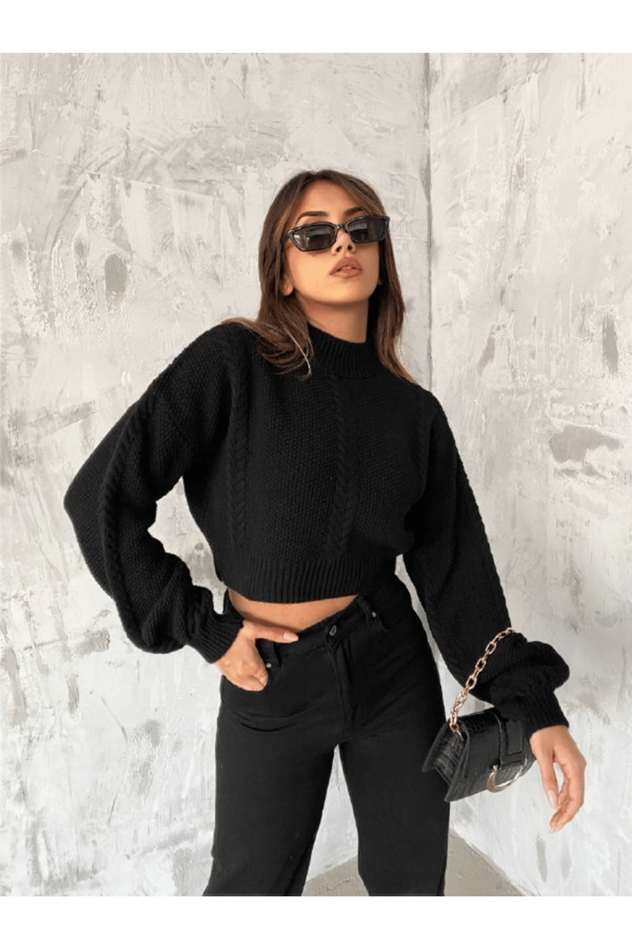 Kadın Balıkçı Yaka Örgü Detaylı Crop Triko Kazak Zyn-58381 - Siyah · 4
