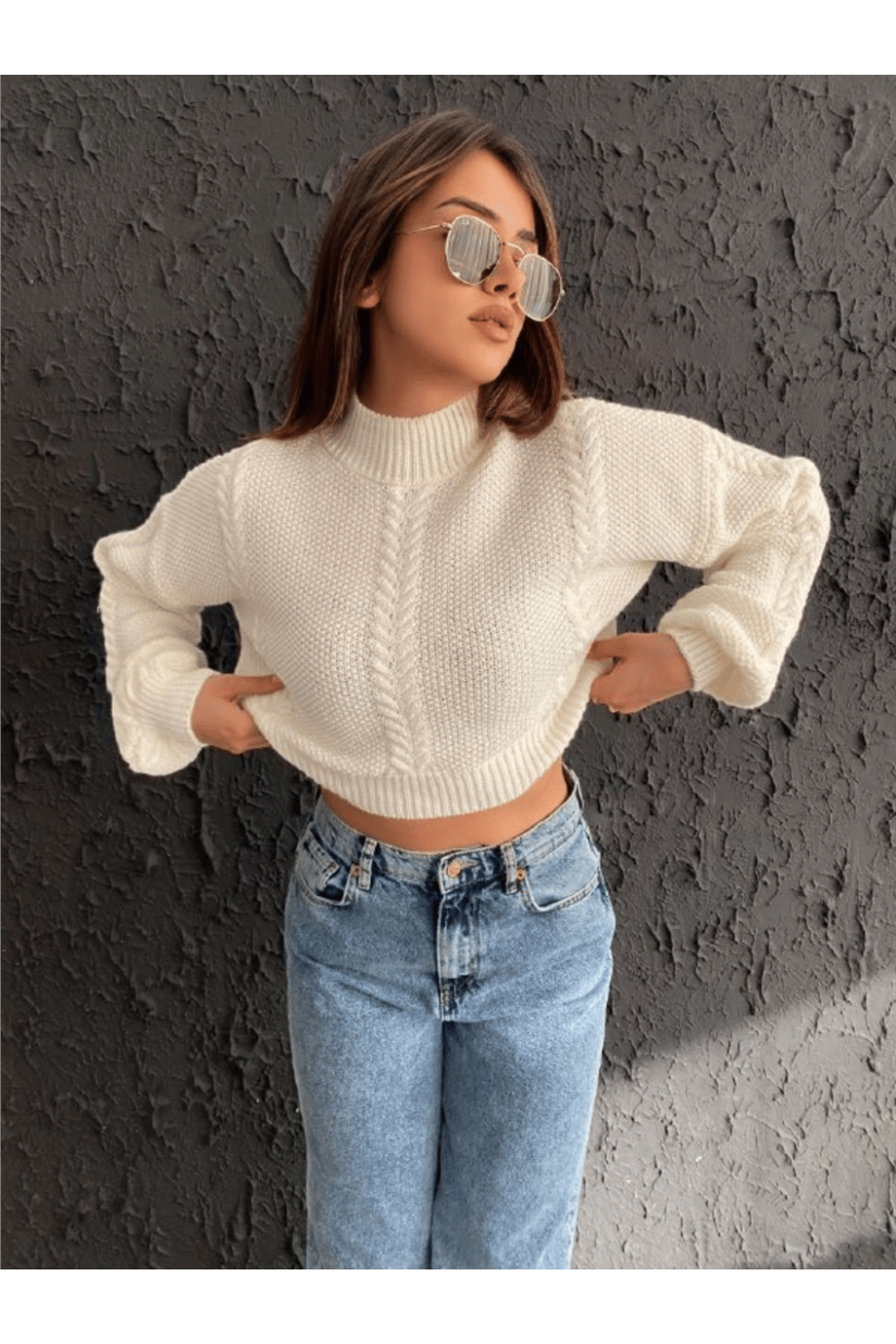 Kadın Balıkçı Yaka Örgü Detaylı Crop Triko Kazak Zyn-58381 - BEYAZ · 2