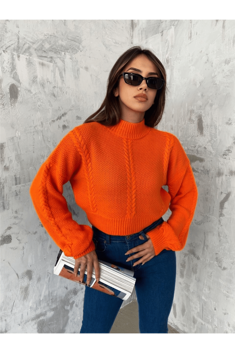 Kadın Balıkçı Yaka Örgü Detaylı Crop Triko Kazak Zyn-58381 - TURUNCU · 4