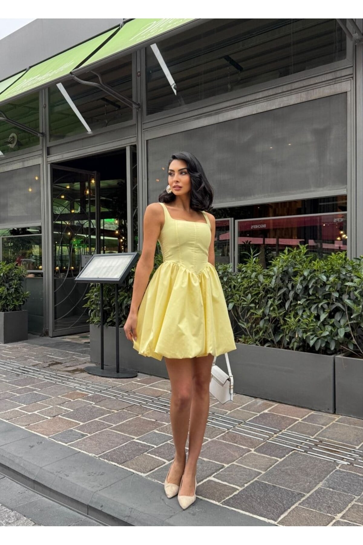 Kadın Balon Etekli Kare Yaka Mini Elbise ZYN-58918 - Sarı