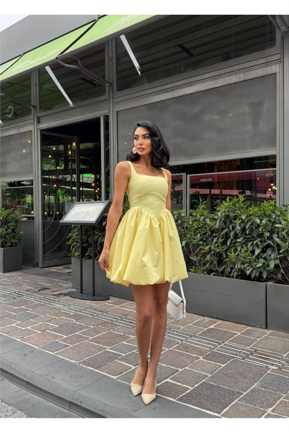 Kadın Balon Etekli Kare Yaka Mini Elbise ZYN-58918 - Sarı