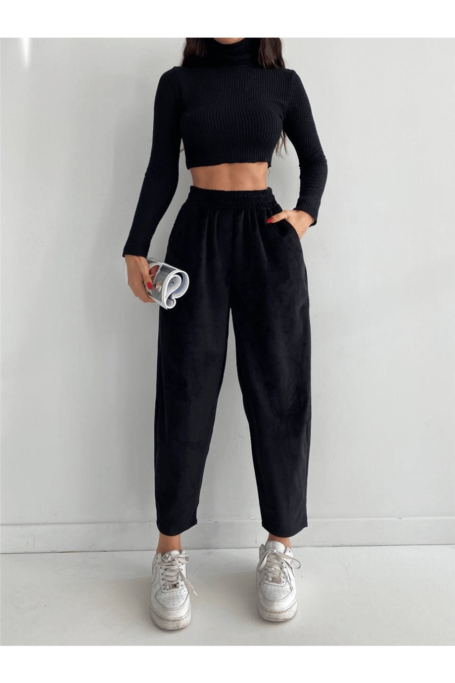 Kadın Beli Lastili Ince Fitilli Pantolon Zyn-58375 - Siyah · 2