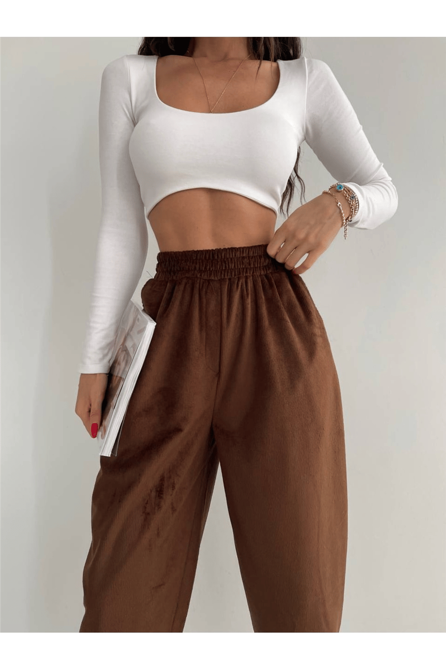 Kadın Beli Lastili Ince Fitilli Pantolon Zyn-58375 - KAHVERENGİ · 2