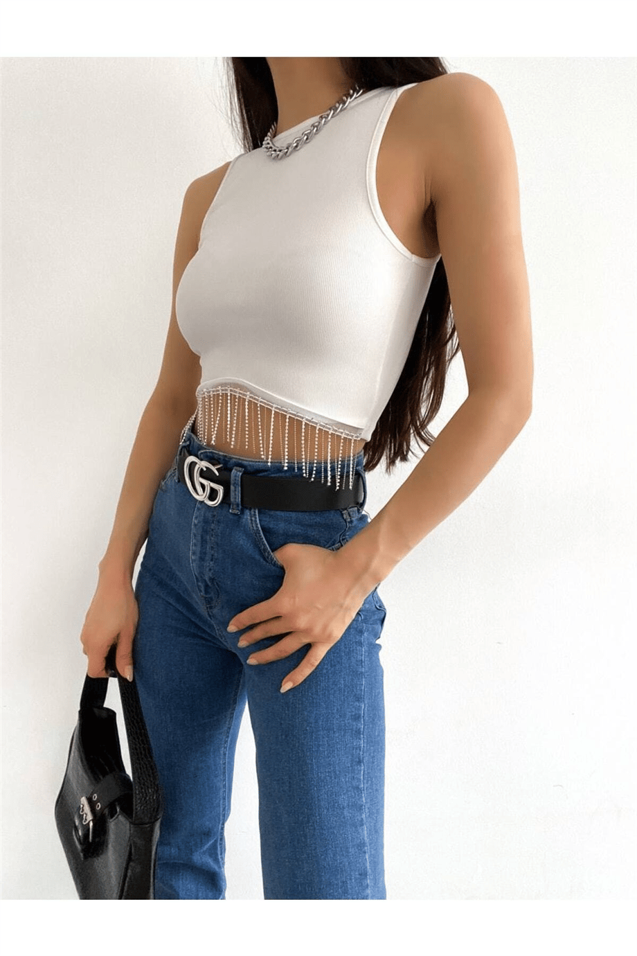 Kadın Beli Zincir Ve Taş Detaylı Halter Yaka Kaşkorse Crop Bluz Zyn-58403 - BEYAZ · 3