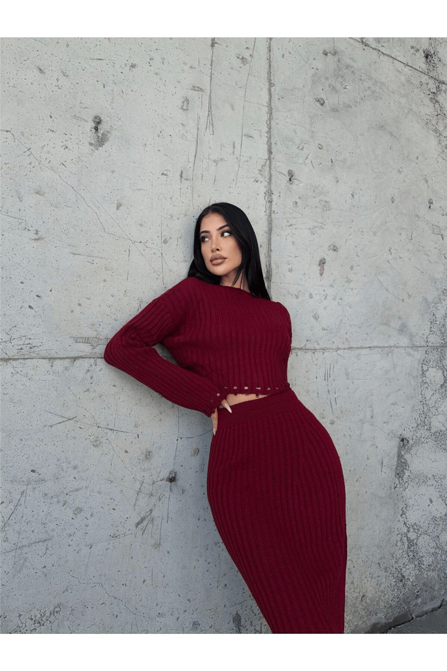 KADIN BİSİKLET YAKA YIRTIK DETAYLI BLUZ VE YIRTMAÇLI ETEK ALT ÜST TRİKO TAKIM ZYN-58723 - BORDO