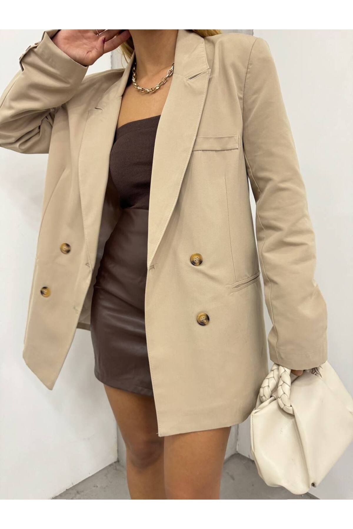 KADIN BLAZER ASTARLI SALAŞ KRUVAZE CEKET ZYN-58703 - BEJ