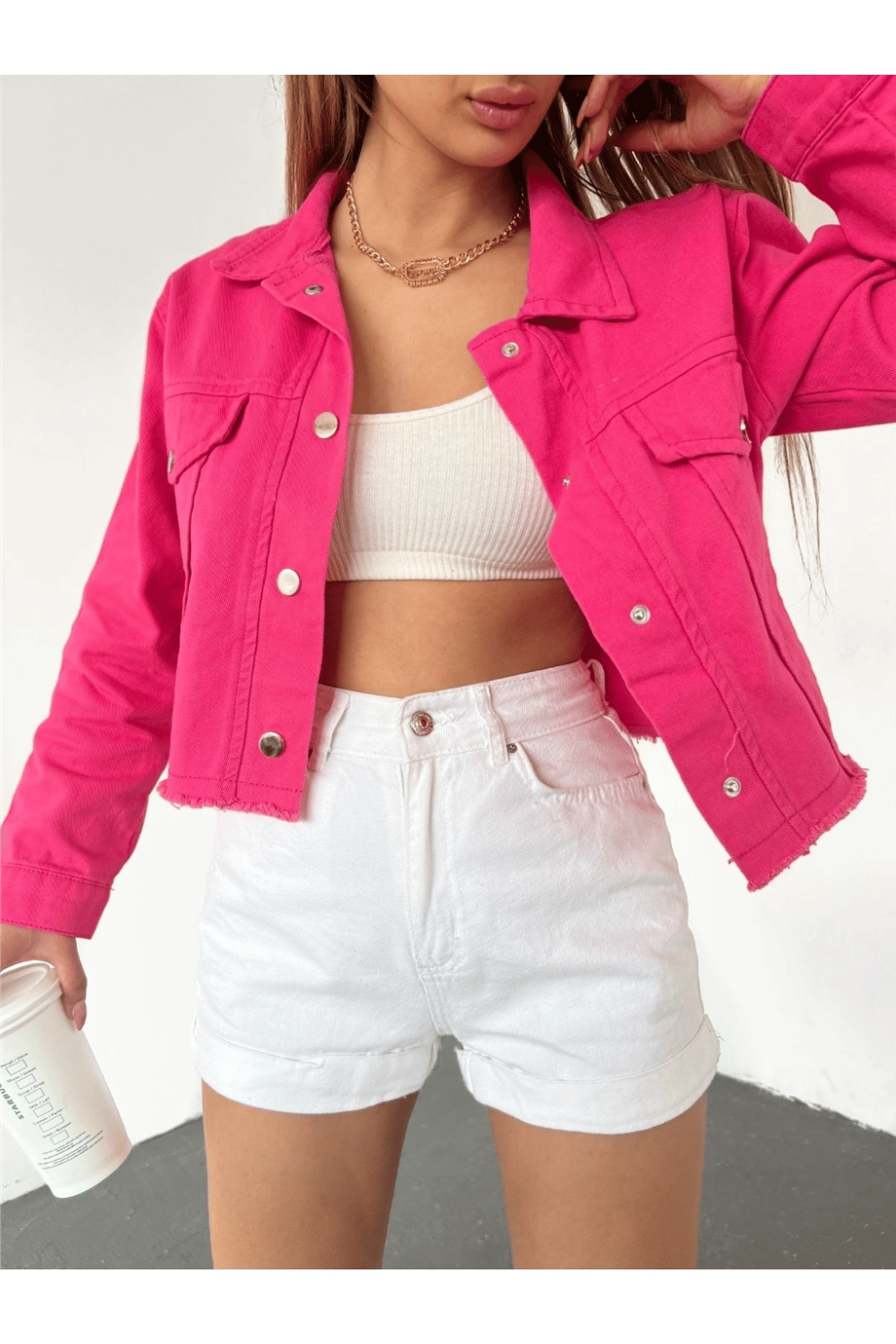 Kadın Çift Cepli Çıtçıt Düğmeli Eteği Püsküllü Crop Denim Ceket Zyn-58392 - FUŞYA · 6