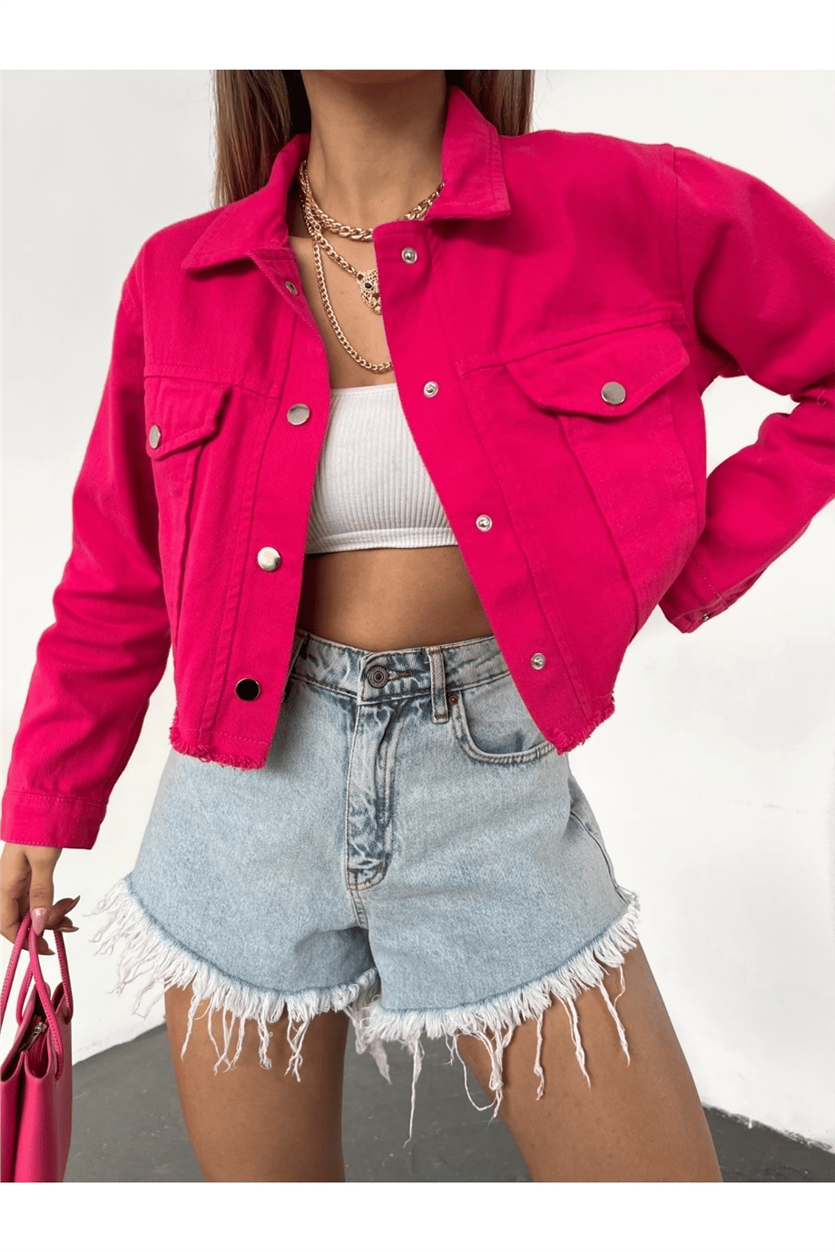 Kadın Çift Cepli Çıtçıt Düğmeli Eteği Püsküllü Crop Denim Ceket Zyn-58392 - KIRIMIZI · 3