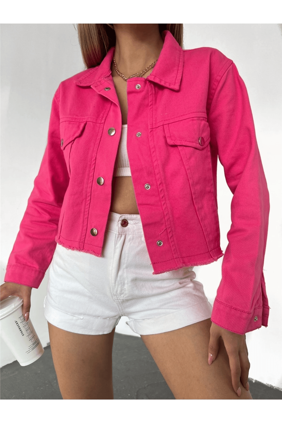 Kadın Çift Cepli Çıtçıt Düğmeli Eteği Püsküllü Crop Denim Ceket Zyn-58392 - FUŞYA · 3