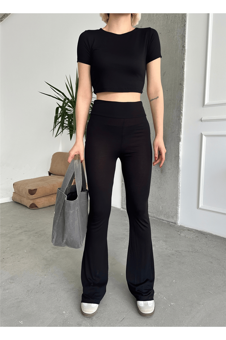 Kadın Crop Bluz Tayt Basic Takım ZYN-58842 - Si̇yah 2