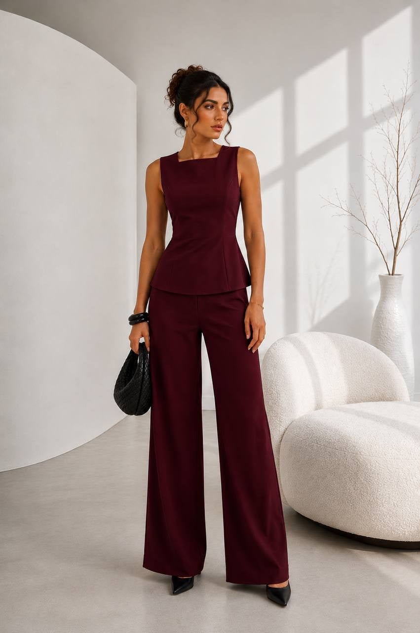 Kadın Dökümlü Kesim Askılı Bluz ve Pantolon Takımı - Bordo