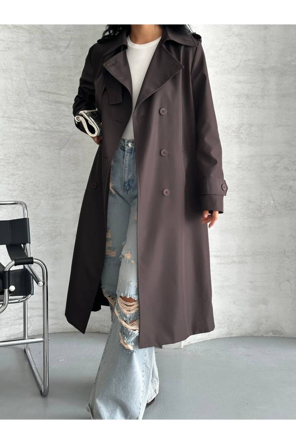 KADIN DÖKÜMLÜ MAXİ BOY TRENÇKOT ZYN-58704 - Acı Kahve
